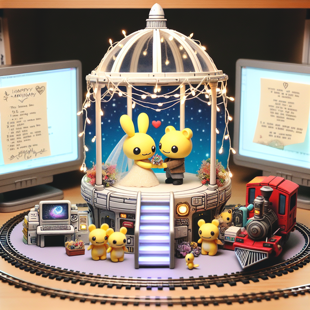 A whimsical anniversary illustration that combines a heartwarming scene with the couple’s unique interests. At the center, two adorable creatures, looking similar to bright yellow cartoonish rodent-like characters, symbolizing the couple, exchange vows under a futuristic spaceship-shaped gazebo. The gazebo is adorned with delicate string lights, casting a soft glow on the nearby computers which display messages of love and memories. A festive garland of miniature trains encircles the base of the scene, adding a playful touch to this sweet conglomeration of hobbies and passion.
Generated with these themes: Pokémon , Star trek, Computers, and Trains.
Made with ❤️ by AI.