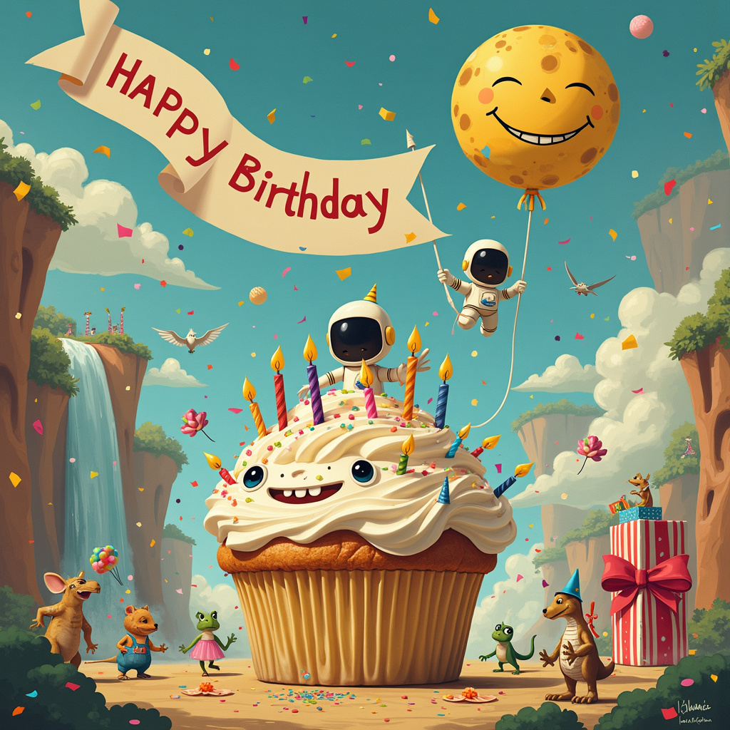 In the foreground, a whimsical birthday parade unfolds in a dreamy, surreal landscape. Center stage, a giant, sentient cupcake with expressive eyes and a wide, toothy grin proudly wears a crown of colorful candles. Perched atop this confectionary monarch is a tiny, jubilant astronaut, reminiscent of Astro Boy, waving a flag that reads "Happy Birthday!"

To the left, a Peanuts-inspired character, with a distinctly Schulzian round head and simple, yet expressive eyes, holds the string of a balloon shaped like a grinning, anthropomorphic moon—its cratered face smiling down on the scene. The moon balloon is large and vivid, casting a soft glow over everything.

On the right, a pair of dancing dinosaurs, channeling a bit of Bill Watterson's playful Calvin and Hobbes spirit, are clad in party hats and bowties. One dino clutches a noisemaker, while the other has a cake slice impaled on its tiny forearm, frosting smearing its face.

In the background, a cascading waterfall pours forth not water, but brightly colored confetti and streamers, inspired by the imaginative dreamscapes of Winsor McCay. This confetti waterfall flows into a river of melted rainbow sherbet, winding its way through the fantastical landscape.

Scattered throughout the scene are small critters in various styles—think R. Crumb’s quirky underground comix, with exaggerated features and eclectic outfits. They can be seen engaged in playful activities: a mouse in overalls juggling jellybeans, a frog in a tutu balancing on a tightrope made of licorice, and a trio of curious cats peering out from behind a giant gift box wrapped in polka-dotted paper and topped with an enormous bow.

Above it all, an enormous banner stretches across the sky, held aloft by a flock of dapperly-dressed birds in top hats and monocles—a nod to Gary Larson's unique humor. The banner reads, "Celebrate Like There's No Tomorrow!"

The scene is framed by Hergé-inspired crisp lines and dynamic action, while the intricate details and expressive faces hint at the influence of Will Eisner's graphic storytelling. Each element, from the joyful astronaut to the dancing dinosaurs, is rendered with the meticulous care of an Art Spiegelman illustration, ensuring the overall composition is both vibrant and delightfully chaotic.
Generated with these themes: N.
Made with ❤️ by AI.