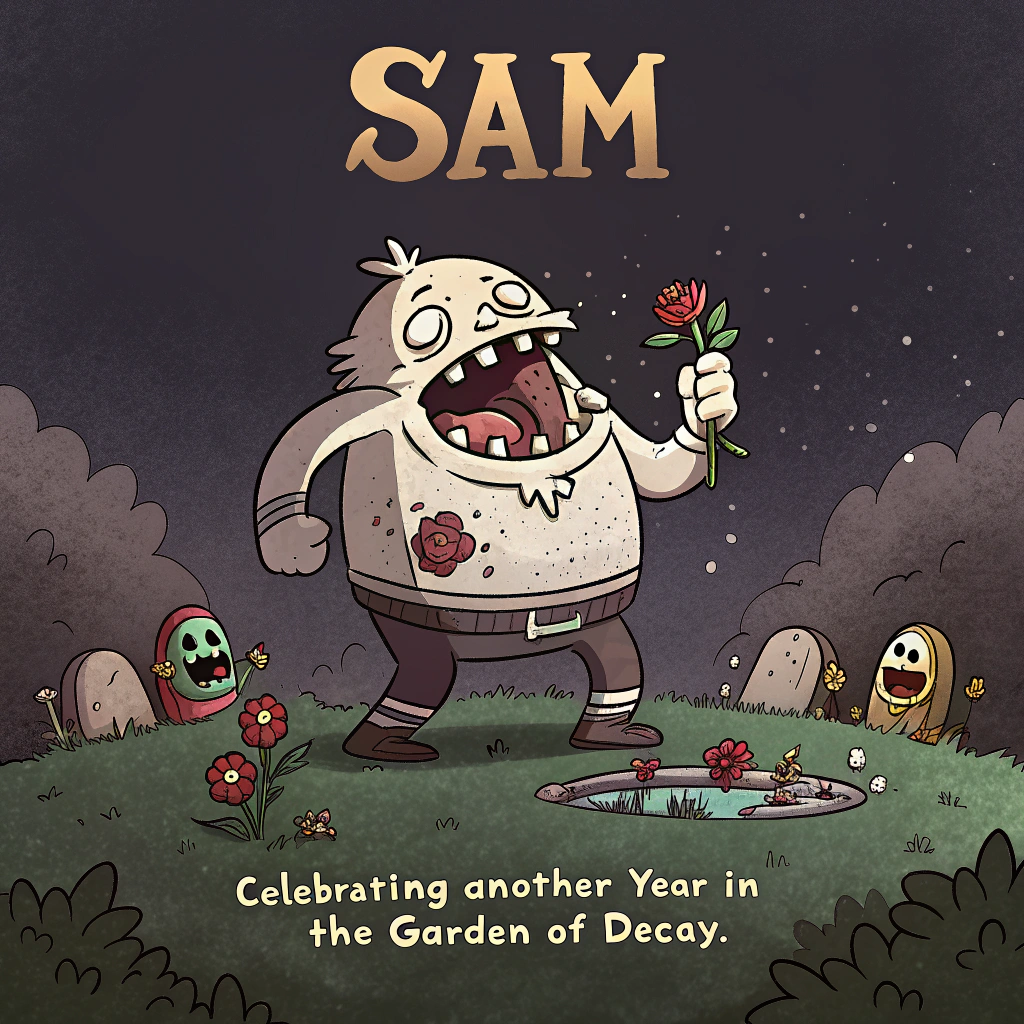 At the top of the image, "Sam":

At the bottom, in solemn letters, add "Celebrating Another Year in the Garden of Decay."

- In the center of the image, illustrate a gigantic, cartoonish Great Unclean One from Warhammer. The creature stands with a grotesque yet comically exaggerated expression, its gaping mouth slightly ajar as if singing a solemn tune.

- Surrounding the Great Unclean One, have a horde of Nurglings, depicted in a playful and mischievous manner. Some are holding small, tattered party hats, while others are balancing on each other to reach a crooked banner that reads "Happy Birthday."

- Place a large, lopsided birthday cake at the feet of the Great Unclean One. The cake is humorously decorated with decayed and moldy elements, yet there are colorful, flickering candles on top, struggling to stay alight.

- Include a backdrop of a grim and eerie garden, where twisted trees and drooping flowers frame the scene. The foliage is overgrown with a cartoonish touch, adding to the theme of cheerful decay.

- The sky is overcast with dark, swirling clouds, but through the gloom, a faint beam of light shines directly on the cake, highlighting the birthday celebration in a somber yet whimsically absurd way.
Generated with these themes: Warhammer, Nurgle, Great unclean one , Nurgling , and Birthday cake .
Made with ❤️ by AI.