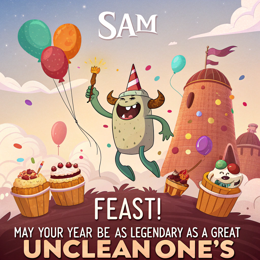 At the top of the image, "Sam":

At the bottom, add "May Your Year Be as Legendary as a Great Unclean One's Feast!"

- In the center of the image, depict a Great Unclean One, towering yet cartoonishly softened, adorned with a party hat perched slightly askew on one of its twisted horns.

- Surrounding the Great Unclean One, a group of mischievous Nurglings dance and cavort, each holding tiny, colorful balloons. Their faces display a paradox of glee and solemnity, perfectly capturing the mood.

- In front of the Great Unclean One, place an oversized, grotesquely delightful birthday cake, festooned with bright green icing and candles made to resemble flickering warp fires.

- The background should be a chaotic blend of vibrant Warhammer motifs and festive birthday elements; swirling, dark clouds in greens and purples with confetti gently raining down.

- Ensure a few Nurglings are playfully smearing cake icing on each other, adding a touch of whimsical mischief to the solemn scene.

- On the left, add a banner strung across two bent and gnarled trees, with "Happy Birthday!" written in a playful, Warhammer-inspired font.
Generated with these themes: Warhammer, Nurgle, Great unclean one , Nurgling , and Birthday cake .
Made with ❤️ by AI.