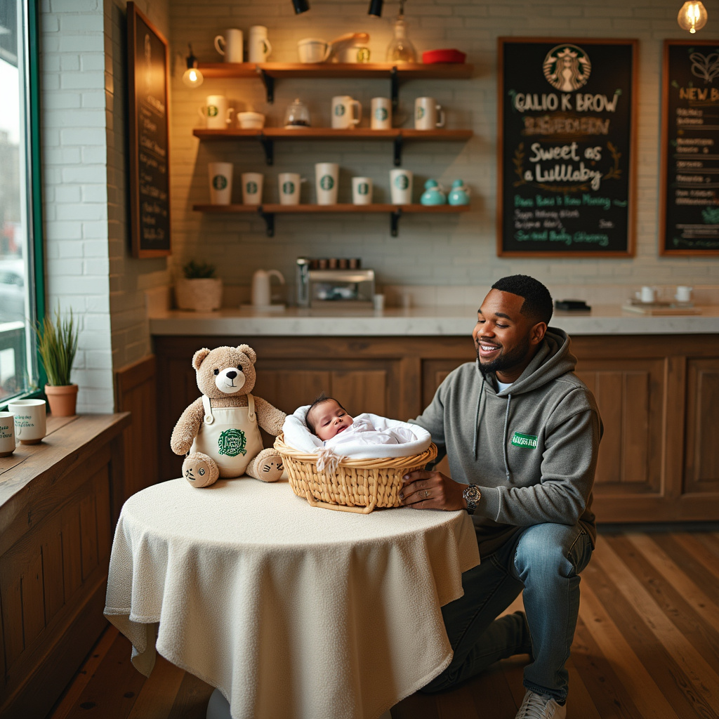 Imagine a whimsical scene set inside a cozy, urban Starbucks café. The walls are adorned with warm, inviting colors and chalkboard menus detailing the latest coffee blends. In the center of the scene is a round wooden table covered with a charming, pastel-colored baby blanket. On this table sits a tiny baby bassinet, delicately woven with soft, cream-colored fabric, peeking out from the top are the tiny feet of the newborn baby, clad in the cutest, tiniest Starbucks-themed onesie. 

A plush stuffed bear, donning a miniature Starbucks barista apron, is perched beside the bassinet, holding a tiny, adorable plush coffee cup with "Babyccino" printed on it. Near the table, a life-sized cardboard cutout of Chris Brown is kneeling down, smiling warmly as if singing a lullaby to the newborn. His attire is casual yet stylish, with a signature hoodie and jeans, perfectly fitting the laid-back, contemporary vibe of the café.

In the background, there’s a large window showcasing a vibrant cityscape with the iconic Starbucks logo subtly etched into one of the skyscrapers. The shelves behind the counter are lined with Starbucks mugs and tumblers, and a chalkboard displays the special of the day: "New Baby Brew - Sweet as a Lullaby."

Above the entire scene, a cute banner hangs with playful lettering that says, "Welcome to the World, Little Star!" This charming, detailed depiction perfectly blends the themes of Starbucks and Chris Brown into a unique and heartwarming celebration of new life.
Generated with these themes: Starbucks, and Chris brown.
Made with ❤️ by AI.