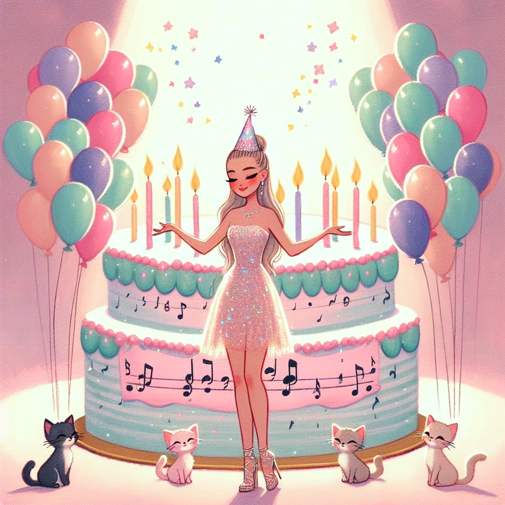 The endearing illustration portrays an anonymous pop singer at a festive birthday scene with a pastel color scheme. She stands centrally, her arms opened welcomingly and encircled by multiple vibrant balloons. Her attire features a glittering dress and a birthday hat that sparkles. To her right is a towering, multi-layered cake, marked with musical notations to hint at her profession. The frosting is creatively embellished with petite cats, keeping in mind her affection for the pet. The gentle light from the candles contributes to the warm, celebratory atmosphere.
Generated with these themes: Taylor swift and cake.
Made with ❤️ by AI.
