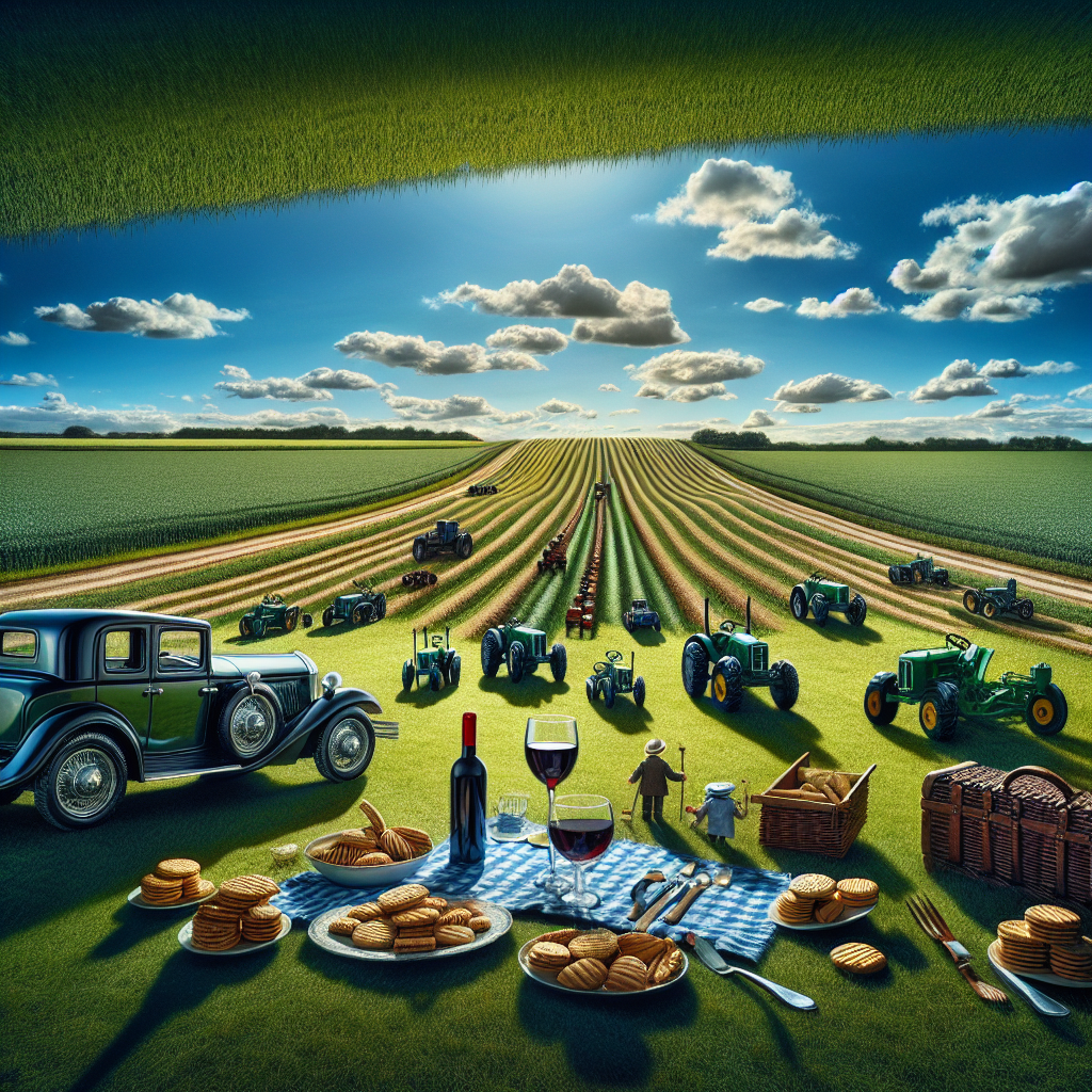Visualize a pastoral landscape highlighted by the radiant green of a sprawling meadow under an immaculate blue sky. Parked along an unpaved trail is a car with a characteristic silhouette suggestive of a classic auto model, shimmering chrome details reflecting sunlight. A collection of tiny tractors surrounds the car, arranged playfully as if ploughing an enormous farm. Scattered through the tableau are an assortment of biscuits, enhancing the charm of a delightful picnic ambiance. A checkered blanket nestles nearby. An elegant bottle of red wine with two glasses stands at the heart of this setup, representing a tribute to parenthood.
Generated with these themes: Hillman imp , Tractors, Biscuits, and Red wine.
Made with ❤️ by AI.