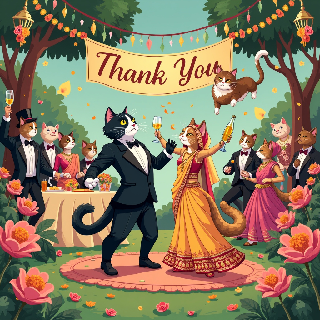 In the vibrant scene of the thank-you greeting card, imagine a lively, Bollywood-style wedding set in a lush, flower-strewn garden. The focal point is a tuxedo-clad anthropomorphic cat groom with a sleek, black tail and a bride cat in a traditional, elaborate Indian bridal saree adorned with sparkling sequins and gold embroidery. Both cats are in mid-dance, engaging in an energetic Bollywood number with exaggerated expressions and joyful movements.

Surrounding the happy couple, a group of well-dressed cat guests also join in the dance. Some wear turbans and saris, others in modern tuxedos and gowns, all depicted in a cartoonish yet detailed style reminiscent of Schulz’s clean lines and Watterson’s expressive characters. One of the cats, a plump Persian with a bow tie, holds a bottle of champagne labeled “Purrignon” in one paw and a glass in the other, mid-pour, with effervescent bubbles overflowing.

To the left, near a beautifully decorated table, stands a dignified-looking cat in a suit that closely resembles Johnny Walker from the whisky brand, complete with a top hat and monocle. This cat raises a toast with a tumbler of golden liquid in his paw. Surrounding the table are various whimsical flower arrangements in bright, cheerful colors like pinks, oranges, and yellows, artistically arranged in vases shaped like cat faces.

Above, strings of fairy lights and Bollywood-inspired garlands made of marigold flowers stretch across the scene, casting a festive glow. Some cats are captured mid-air, showing their impressive dance moves, with one particularly acrobatic tabby doing a Bollywood-style jump, shawl flowing dramatically.

In the background, there’s a huge banner that reads “Thank You” in elegant, golden letters with a Bollywood font flair. Nearby, Astro Boy-style flying cats with rocket boots are sprinkling flower petals from above, adding a layer of fantasy inspired by Osamu Tezuka. 

This rich, detailed scene captures the essence of a Bollywood celebration with an amusing feline twist, full of dynamic action and intricate details that would make Schulz, Watterson, and Tezuka proud.
Generated with these themes: Bollywood, Cats, Dance, Champagne, Wedding, Johnny Walker, and Flowers.
Made with ❤️ by AI.