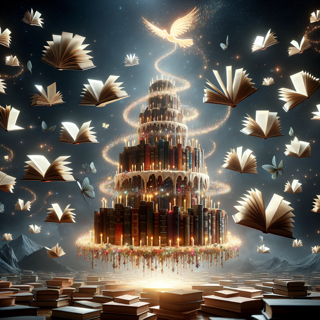An extraordinary kingdom where books ignore the laws of gravity, each book hovers unpredictably around a floating, multi-tiered cake. The cake's every stratum twinkle with magic and miraculously transmutes into a variety of tastes. As pages flutter akin to wings, they amalgamate into the shape of the number '40' — glowing and hovering over the cake, signifying both wisdom and the commemorating of a significant marker.
Generated with these themes: 40, Books, and Cake.
Made with ❤️ by AI.