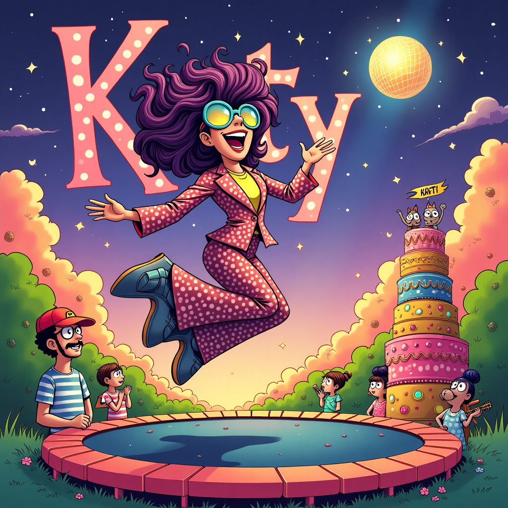 Front and center, picture a large trampoline, slightly tilted to offer a dynamic perspective. A funky woman, dressed in a vibrant, polka-dotted jumpsuit with oversized bell bottoms, is mid-air in an exuberant leap. Her hair is a vivid swirl of purples and blues, styled in a gravity-defying manner that mimics the undulating movement of disco lights.

On her feet are platform shoes with sparkling, multicolored stripes. Her oversized sunglasses reflect the animated patterns of a disco ball hovering above, casting fragmented rainbow light beams across the scene. Each lens is a different color, one hot pink and the other electric green.

Below the trampoline, on the left, stands a man with a wide grin, dressed in a retro 70s-style suit with exaggerated lapels and flared trousers. His suit is a kaleidoscope of swirling oranges and yellows. Next to him, two children clap excitedly. The child on the left sports a red baseball cap backward, a striped t-shirt, and shorts, while the child on the right wears a green polka-dot dress with frilly sleeves.

The background is a lively explosion of colors. A star-studded purple sky stretches above, where the name "Katy" is written with fluffy clouds, their outlines shimmering with hues of pink and gold as if catching the light from a setting sun. In the distance, pastel-colored cartoon trees, reminiscent of Hergé's clean lines, dot the landscape with bubble-like leaves.

To the right of the scene, a tall, leaning cake towers, each tier a different bright color with icing that seems to defy gravity, cascading down in impossible swirls. A small banner strung between two candlesticks atop the cake spells out "Katy" again in curly, playful letters.

Completing the scene, various small animals with comically large eyes, reminiscent of R. Crumb’s exaggerated features, peek from behind the trampoline and cake, each holding a tiny instrument, contributing to the invisible but implied disco rhythm filling the air.
Generated with these themes: Funky woman jumping on a trampoline with disco music , and Cheered on by two children and a man.
Made with ❤️ by AI.
