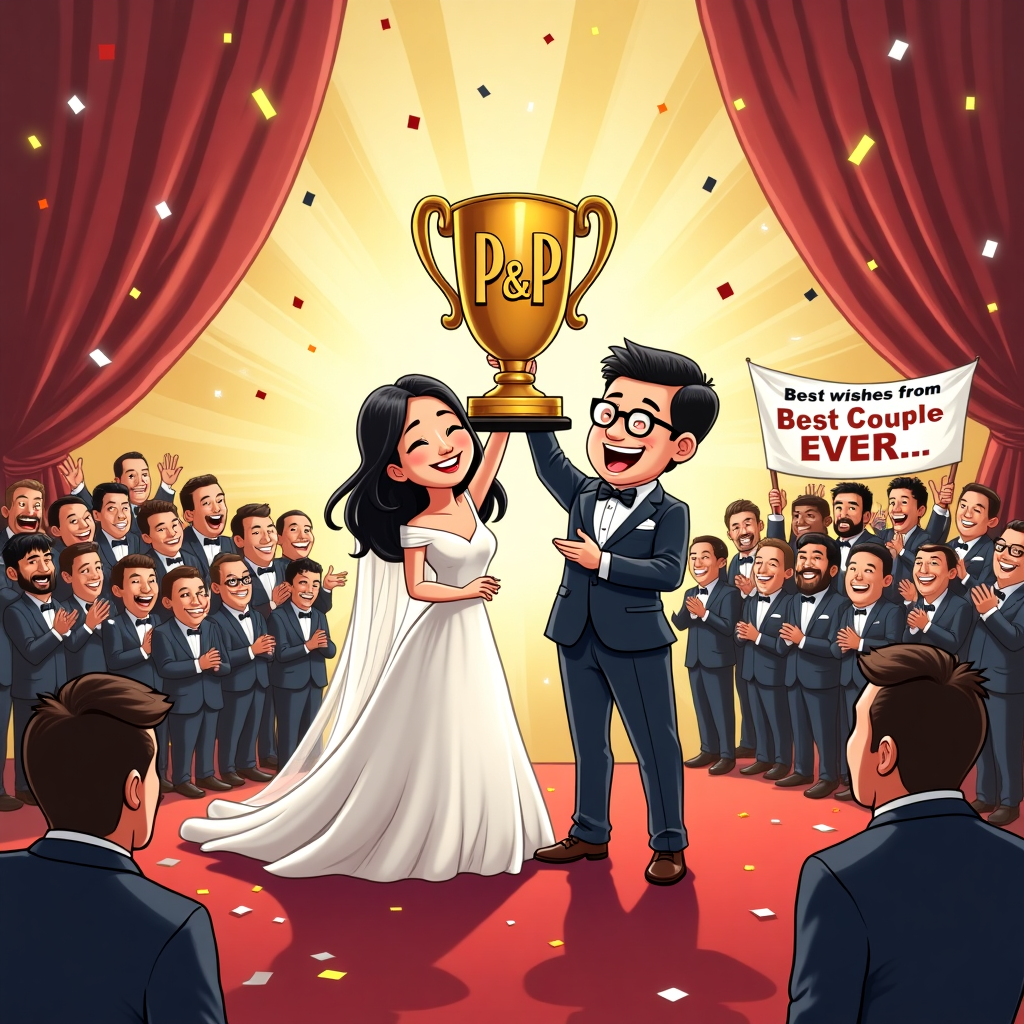 **Image Prompt:**  
**At the top of the illustration image:** *“Parker & Priscilla: Winning the Trophy for Most Likely to Score... a Lifetime of Wedded Bliss!”*

Illustrate a hilarious award ceremony scene on a red-carpet stage. Centered on the stage are a smiling Asian bride with black hair and a grinning groom wearing glasses — both decked out in glitzy, exaggerated wedding attire. They're triumphantly hoisting a large golden trophy engraved with big shiny letters “P & P,” beaming with joy as confetti rains down around them.

In the crowd of applauding cartoon characters are animated versions of Tottenham Spurs players (humorously overdressed in wedding suits), holding a banner that reads “Best Wishes from Tottenham Spurs!” A glitzy backdrop behind them sparkles with spotlights, and there’s a big comedy-style announcer holding a microphone and yelling “And the award for Best Couple EVER goes to…!”

Include over-the-top facial expressions, silly exaggerated features, and comically awkward poses for that ultimate cartoon fun wedding vibe.
Generated with these themes: Using asian face with black hair, the groom with glasses, With the best wishes from Tottenham Spurs, In an award ceremony scene, and Trophy with P & P on it.
Made with ❤️ by AI.