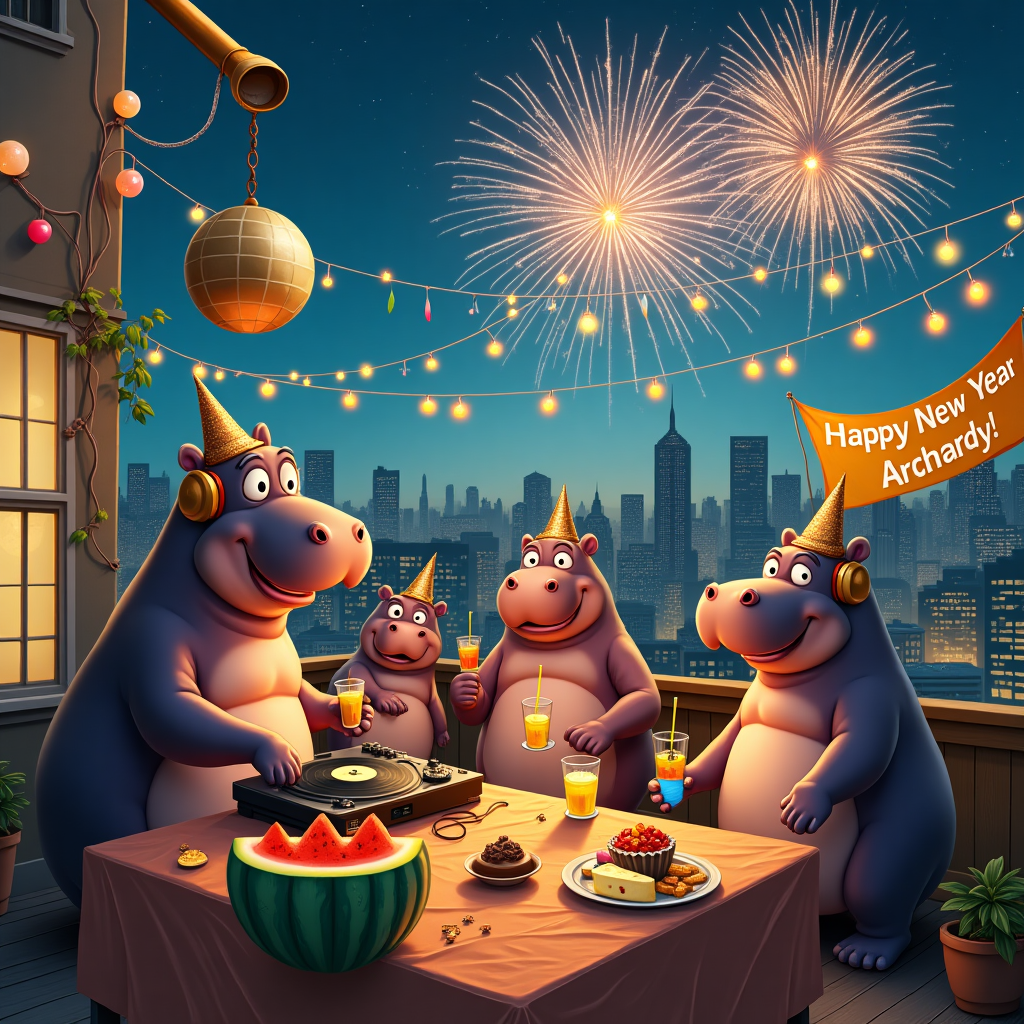 Hippo's celebrating new year at rooftop New-year Card