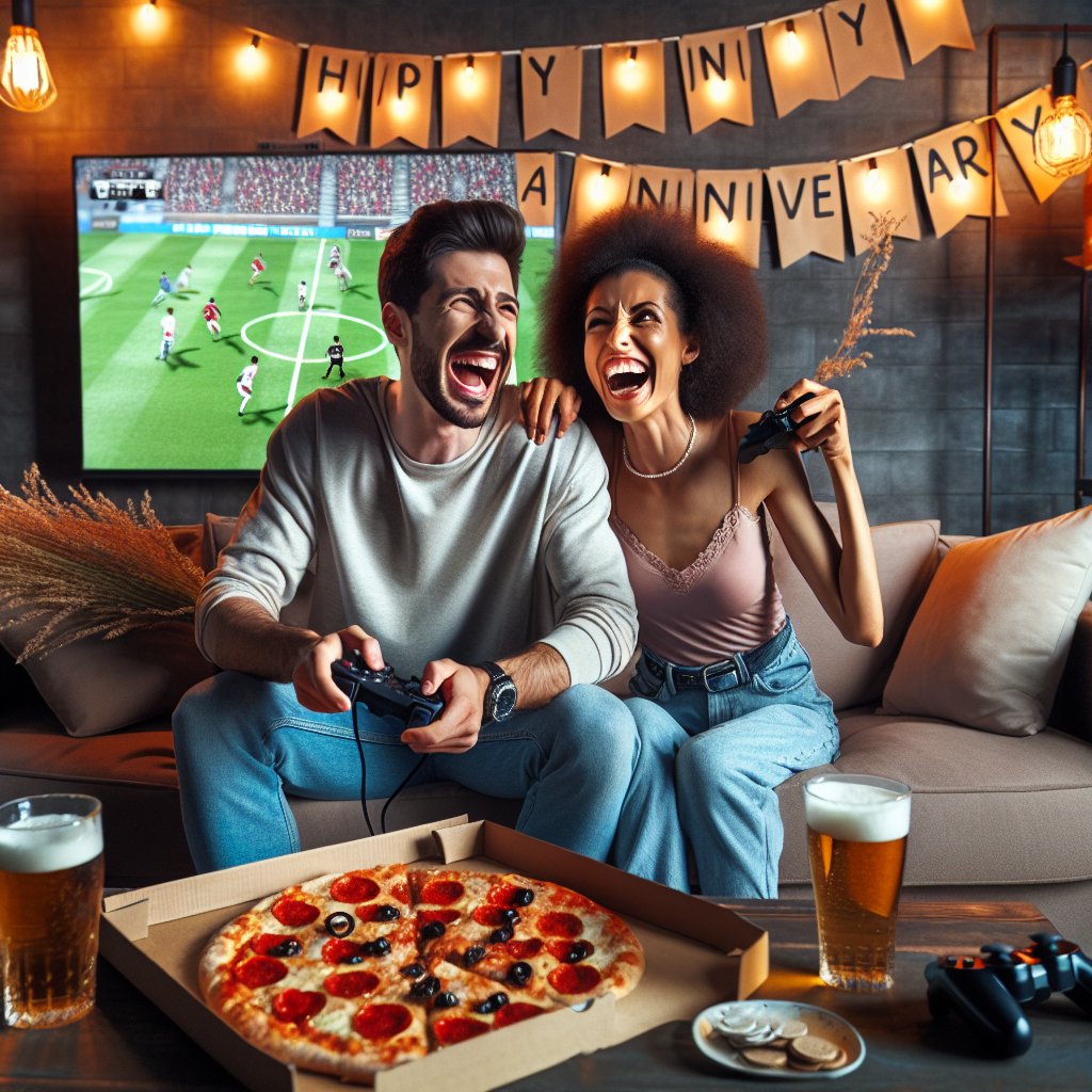 An ecstatic Caucasian man and a Black woman are seated comfortably on their plush couch, deeply engrossed in a dynamic gaming session on an unnamed gaming console. Their room is beautifully decorated with cheerful banners that read 'Happy Anniversary' and proudly display their shared hobbies. In the background, a wall-mounted screen shows a vigorous soccer match. A hot pizza with a heart-shaped arrangement of pepperonis sits on the coffee table, perfectly suited to the romantic theme of the day. Next to it, a pair of frothy beers in cold glasses sparkle in the warm, ambient light, adding to the celebratory mood.
Generated with these themes: Xbox, Pizza, Tottenham Hotspur, and Beer.
Made with ❤️ by AI.