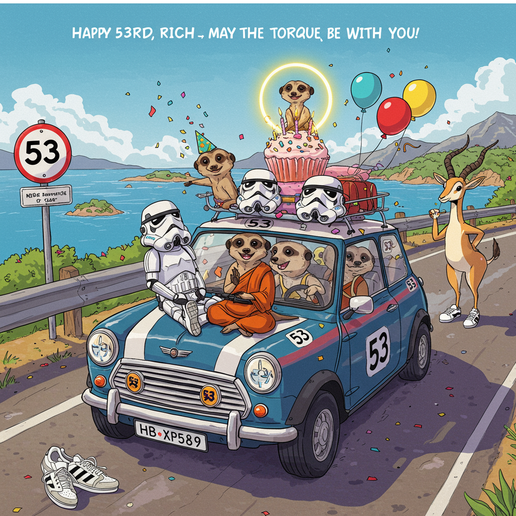 **Image Prompt:**

At the top of the cartoon image: *"Happy 53rd, Rich — May the Torque Be With You!"*

Create a whimsical cartoon scene bursting with cuteness and fun. A cheerful gang of meerkats dressed as Stormtroopers are joyfully cruising through sun-soaked Greek islands in a vibrant, cartoon-style Austin Cooper Mini, decorated with birthday balloons and a giant cupcake on the roof. The meerkats are wearing classic Gazelle trainers and tossing confetti from the windows. A spiritual twist adds a golden glowing aura around the car, and a floating Zen monk meerkat is meditating in lotus position on the hood. The sea sparkles in the background, and there’s a smiling, cartoon gazelle hitchhiking on the roadside wearing a party hat. All the license plates and signs feature the number "53" as a nod to Rich’s milestone birthday.
Generated with these themes: Cars, Stormtroopers, Meerkats, 53, Spiritual, Greece, Gazelle trainers, and Austin cooper mini.
Made with ❤️ by AI.
