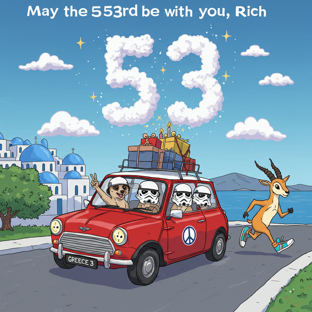 **Prompt:**  
At the top of the cartoon image, write: “May the 53rd be with you, Rich!”

Create a cute, colorful cartoon image featuring:  
– A gang of playful meerkats wearing white Stormtrooper helmets, cheekily poking their heads out of an iconic red Austin Cooper Mini with “GREECE 53” license plate.  
– The car is zipping down a sunny Greek coastline, blue domed rooftops and olive trees in the background.  
– The lead meerkat is standing through the sunroof holding a birthday balloon shaped like a peace symbol, radiating glowing spiritual energy.  
– A sleek, smiling cartoon gazelle runs alongside the car wearing bright retro Gazelle trainers, keeping pace with the action.  
– Above, fluffy clouds in the shape of number 53 float in a clear Aegean sky, with sparkles and stars for a whimsical vibe.  
– Add subtle references to car culture and birthday cheer, like gifts strapped to the car roof and party hats on all the characters.
Generated with these themes: Cars, Stormtroopers, Meerkats, 53, Spiritual, Greece, Gazelle trainers, and Austin cooper mini.
Made with ❤️ by AI.