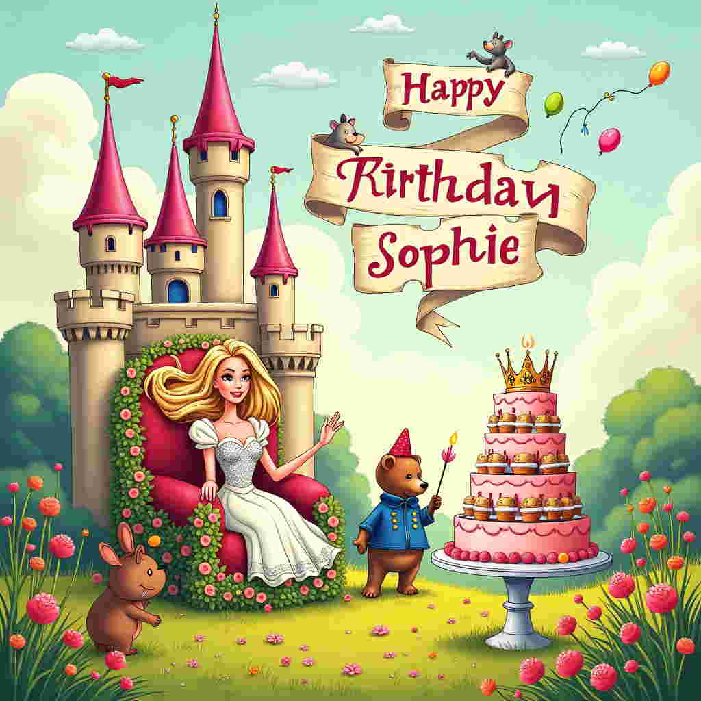 In the center of the card, a whimsical fairy tale castle stands tall, inspired by the magical designs of Walt Disney, with turrets topped in shimmering pastel pink and gold accents. In front of the castle, a lively celebration is unfolding on a lush, green lawn dotted with wildflowers, reminiscent of the detailed backgrounds from Winsor McCay's "Little Nemo in Slumberland." Princess Barbie, with her flowing blonde hair and sparkling gown, waves happily to the recipient from a colorful throne made of flowers, inspired by the vibrant hues often seen in Osamu Tezuka's work.

To her right, Paddington Bear, donning his classic blue duffle coat and red hat, holds a large picnic basket filled with marmalade sandwiches and cupcakes, each with a small candle on top, echoing the playful humor found in Bill Watterson's "Calvin and Hobbes." Surrounding them are cartoonish woodland creatures from the imagination of Charles Schulz, cheerfully joining the festivities with streamers and balloons.

A grand, swirling banner unfurls across the sky, its letters formed by fluffy clouds, spelling out "Happy 7th Birthday Sophie" in a bold, playful font that feels like it belongs in Gary Larson's "The Far Side." The vibrant colors and playful nature of the scene bring a touch of R. Crumb's quirky charm, making it both eye-catching and delightfully detailed, while the comic-like simplicity captures the spirit of Hergé’s Tintin adventures.

In the foreground, a small round table is set with a towering birthday cake, decorated with royal icing in the shape of a jeweled tiara, nodding to the recipient’s princess theme. The cake topper, a delicate figure of Princess Barbie, shines under the warm golden sunlight, as the soft breeze carries the scent of freshly baked treats, capturing the timeless storytelling essence of Will Eisner’s graphic novels.
Generated with these themes: 7th birthday, Princess, Barbie, and Paddington.
Made with ❤️ by AI.