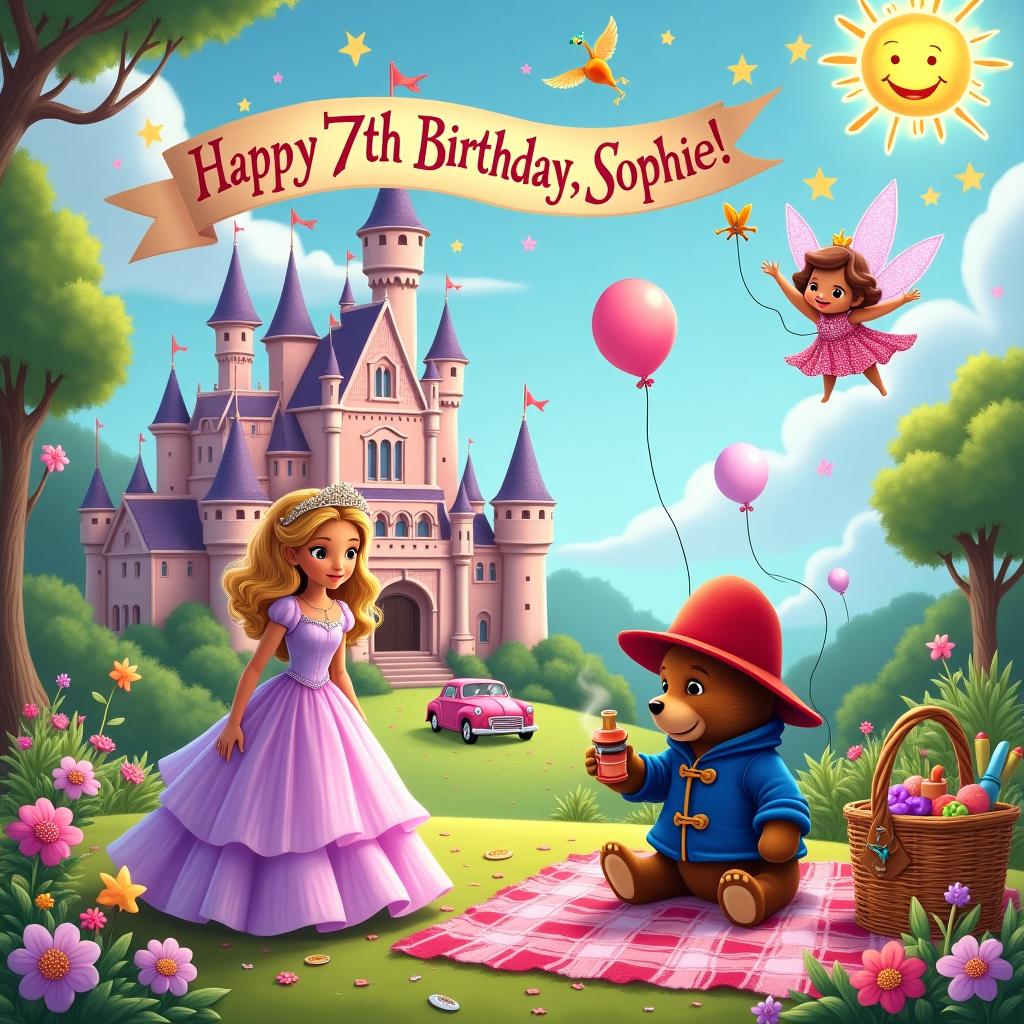 The front cover of the birthday greeting card features an enchanting scene bustling with whimsy and magic, perfect for Sophie's 7th birthday. At the heart of the scene is a sprawling, ornate castle inspired by classic Disney fairy tales, with pink and lavender turrets, each topped with a golden spire. The castle is nestled in a lush, verdant garden bursting with vibrant flowers and twinkling fairy lights. 

In the foreground, Princess Sophie stands with a regal air, her gown a flowing cascade of pastel pink and purple tulle adorned with shimmering sequins that catch the light. Her sparkling tiara is set perfectly atop her golden curls, making her the embodiment of a storybook princess. To her right, Paddington Bear sits comfortably on a large, plaid picnic blanket, wearing his iconic red hat and blue duffle coat, a jar of marmalade clutched in one paw.

Barbie, in a dazzling outfit reminiscent of a fairy godmother, floats gracefully nearby. She is dressed in a glittering gown with iridescent wings that glimmer in hues of pink, purple, and silver. She's waving a magic wand, casting sparkling stars that twinkle and swirl through the sky.

Above, fluffy clouds part to reveal a bright, cheerful sun with a smiling face reminiscent of Schulz’s playful simplicity. In the sky, a banner unfurls across the scene, woven by friendly, smiling birds. The banner reads “Happy 7th Birthday, Sophie!” in cheerful, bold letters, with each letter artistically styled with its own unique flourish, making it look like a magical, floating rainbow.

All around, there are playful nods to each character: a small stack of comics featuring a playful bear, a pink convertible parked beside the castle, and, on a small table nearby, a plate with “7” shaped cookies and a Paddington-themed teapot. The ground is sprinkled with vibrant confetti, and balloons of every color bob gently in the breeze, some tethered to the picnic basket by colorful ribbons.

This scene is a joyful tapestry of whimsy and imagination, combining all elements to craft a unique and enchanting birthday celebration for Sophie.
Generated with these themes: 7th birthday, Princess, Barbie, and Paddington.
Made with ❤️ by AI.