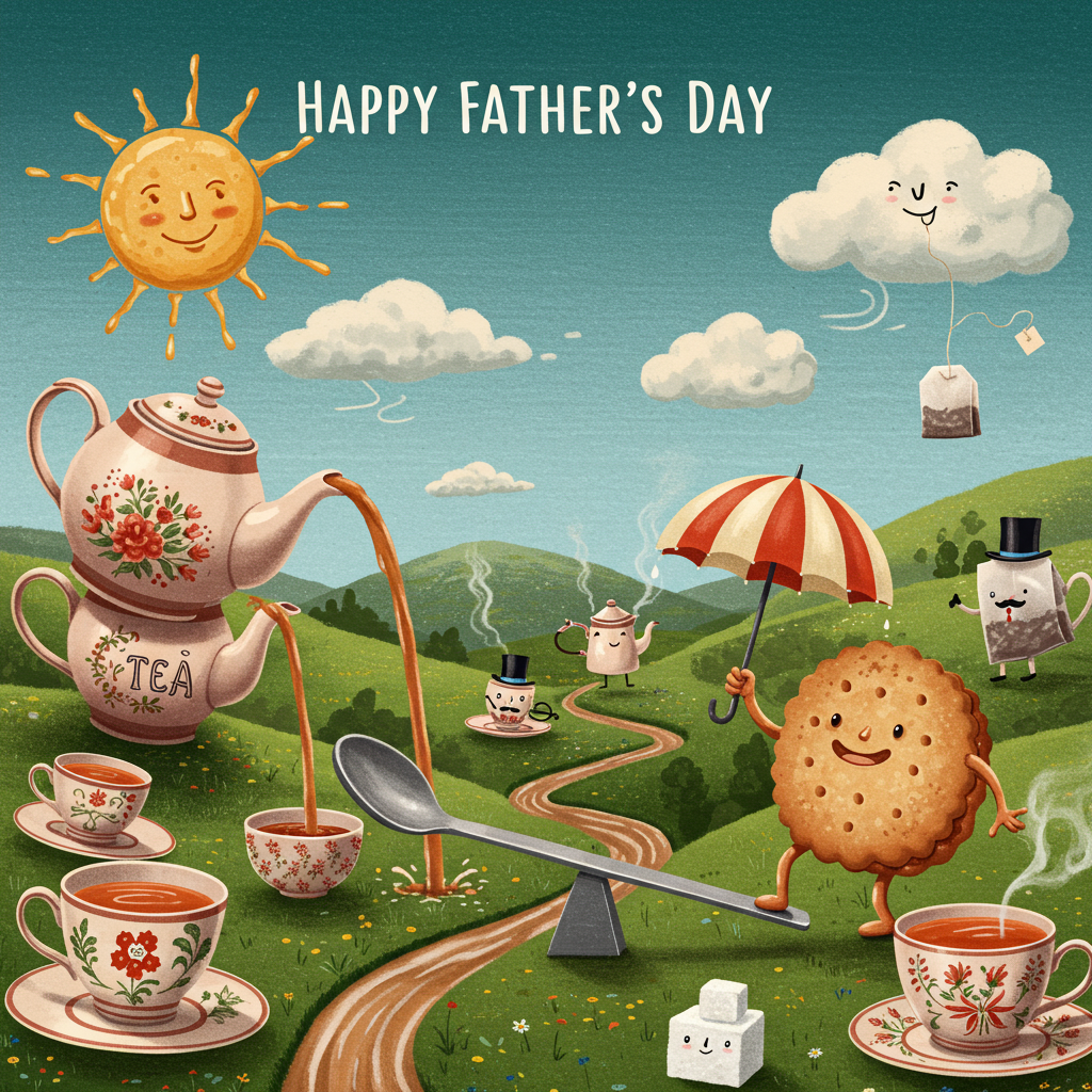 At the top of the Surreal Style image, include the text: "Happy Father's Day!"

**Image Prompt:** Imagine a whimsical Yorkshire tea land where teapots and teacups form a mountainous terrain, their spouts pouring streams of aromatic tea that wind like rivers through a verdant landscape. In the foreground, a giant biscuit with arms and legs holds an umbrella to shield itself from a light drizzle of milk, while balancing on a spoon-shaped seesaw. In the sky, a sun made of a crumpet smiles down warmly, casting buttery rays. A cheeky teabag dangles from a cloud, its string caught on a gust of wind, while tiny, top-hatted sugar cubes ride saucers like hoverboards in the background. The scene exudes a playful surrealism, perfect for a Father's Day card with a humorous twist.
Generated with these themes: Yorkshire tea land, and .
Made with ❤️ by AI.