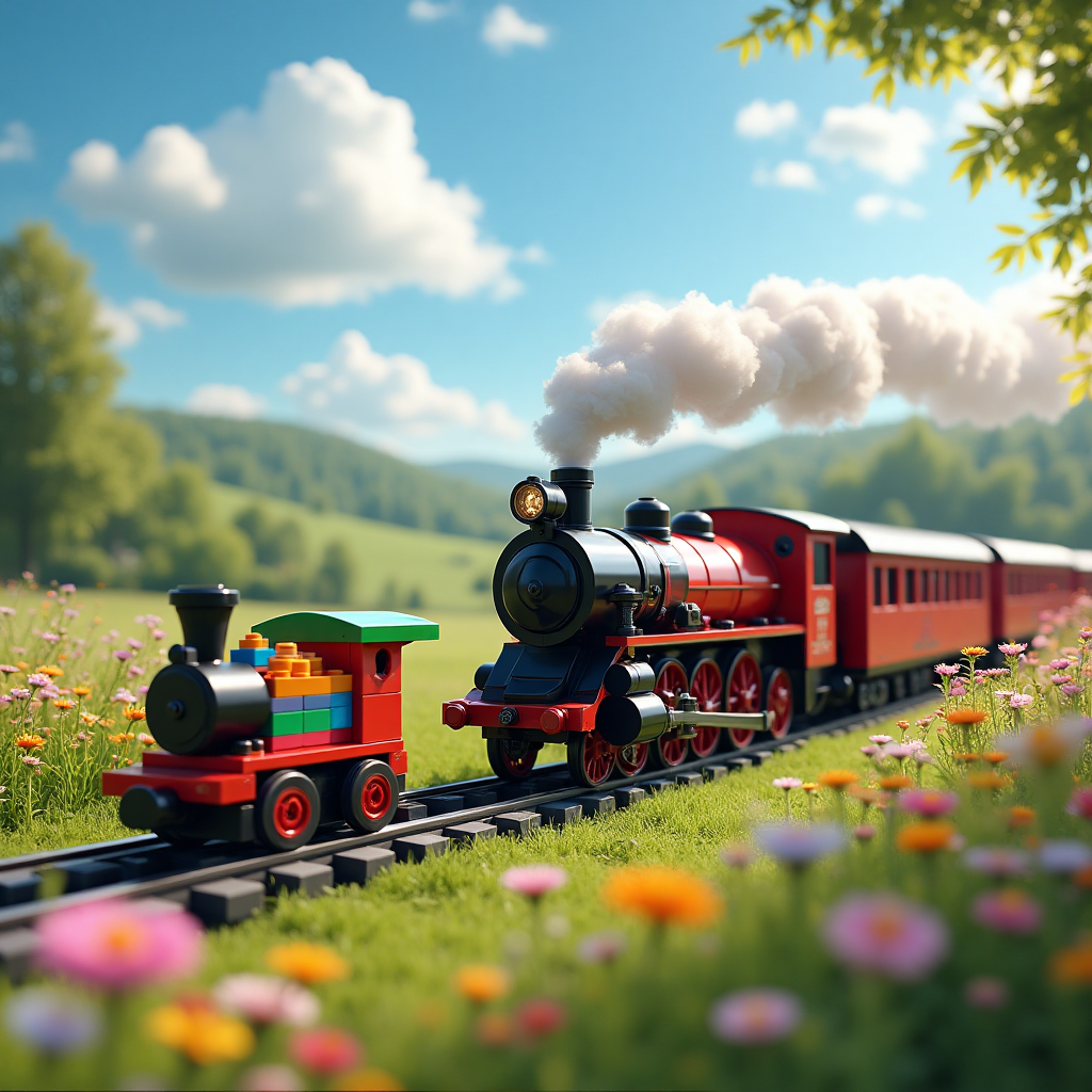 Lego trains, steam trains, outdoors, and Birthday Card
