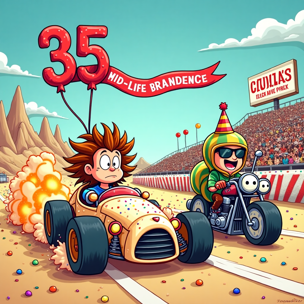 **Prompt for image:**

*At the top of the cartoon image: "Happy 35th, Carl – Still Burnin’ Rubber and Family Patience!"*

Surreal cartoon illustration featuring a high-octane birthday scene where Carl, a wide-eyed cartoon character with wild hair, is driving a melting race car made of birthday cake. Flames shaped like balloons trail from the exhaust, and the number "35" floats above like a finish line banner made of licorice.  

Right beside him, a giggling cartoon cousin rides a turbo-charged motorcycle that's part snail, part machine, with googly eyes on the handlebars. Both are locked in a candy-fueled drag race across a surreal desert made of sprinkles and ice cream mountains. Speed lines are made of confetti, and instead of an audience, sentient party hats cheer them on from cotton-candy grandstands. A racetrack sign in the background says "Cousin Grand Prix: Mid-Life Madness Edition".
Generated with these themes: Car, Motorcycle, Racing, 35, and Cousin.
Made with ❤️ by AI.
