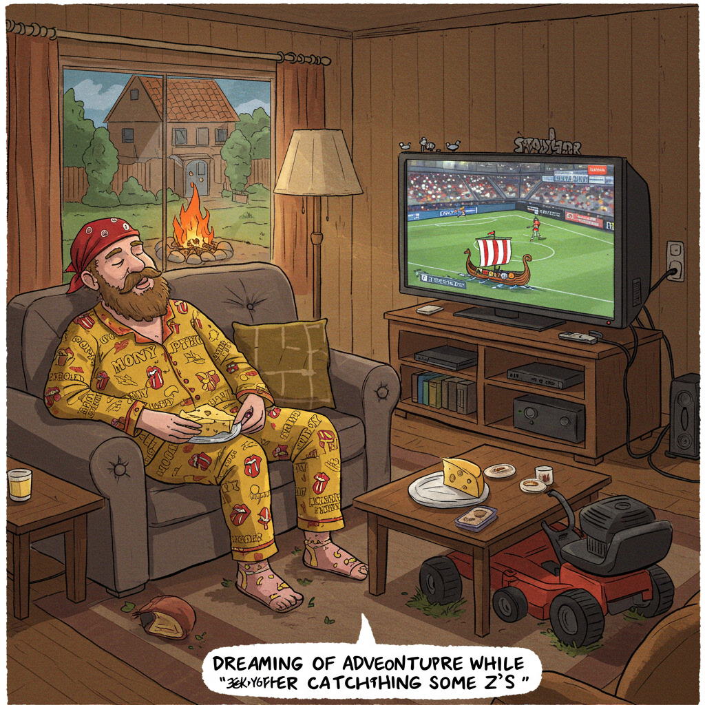 At the top of the Illustration Style image, write: **Happy Father’s Day**

**Scene Description:**

Create a lively and humorous illustration featuring a father character embodying the quintessential dad vibes. Imagine him seated on a comfy sofa in a cozy Danish living room, clad in a Monty Python-themed pajama set and a Rolling Stones bandana. The TV in the room is broadcasting a thrilling sports match, but the father has dozed off, his head slightly tilted back and mouth open, holding a slice of cheese as a snack.

Nearby, a ride-on lawn mower is humorously parked in the living room, its tires sprinkled with grass, as if it was driven inside after a long day of yard work. In the background, through a window, a bonfire is cheerfully crackling away in the backyard, its glow reflecting off the father’s peaceful, slumbering face.

Add a touch of whimsy with a small illustration of a tiny Viking ship, symbolizing Denmark, sailing across the TV screen as if part of the sports broadcast. A playful caption under the image reads: "Dreaming of Adventure While Catching Some Z's!" 

The warm, expressive color palette with hand-drawn fine linework and textured brush strokes brings this humorous scene to life, making it a delightful Father’s Day card cover.
Generated with these themes: Watching sport on tv, falling asleep on sofa, Monty python, Rolling Stones, cheese, ride on lawn mower, lighting bonfires, Denmark,, and .
Made with ❤️ by AI.
