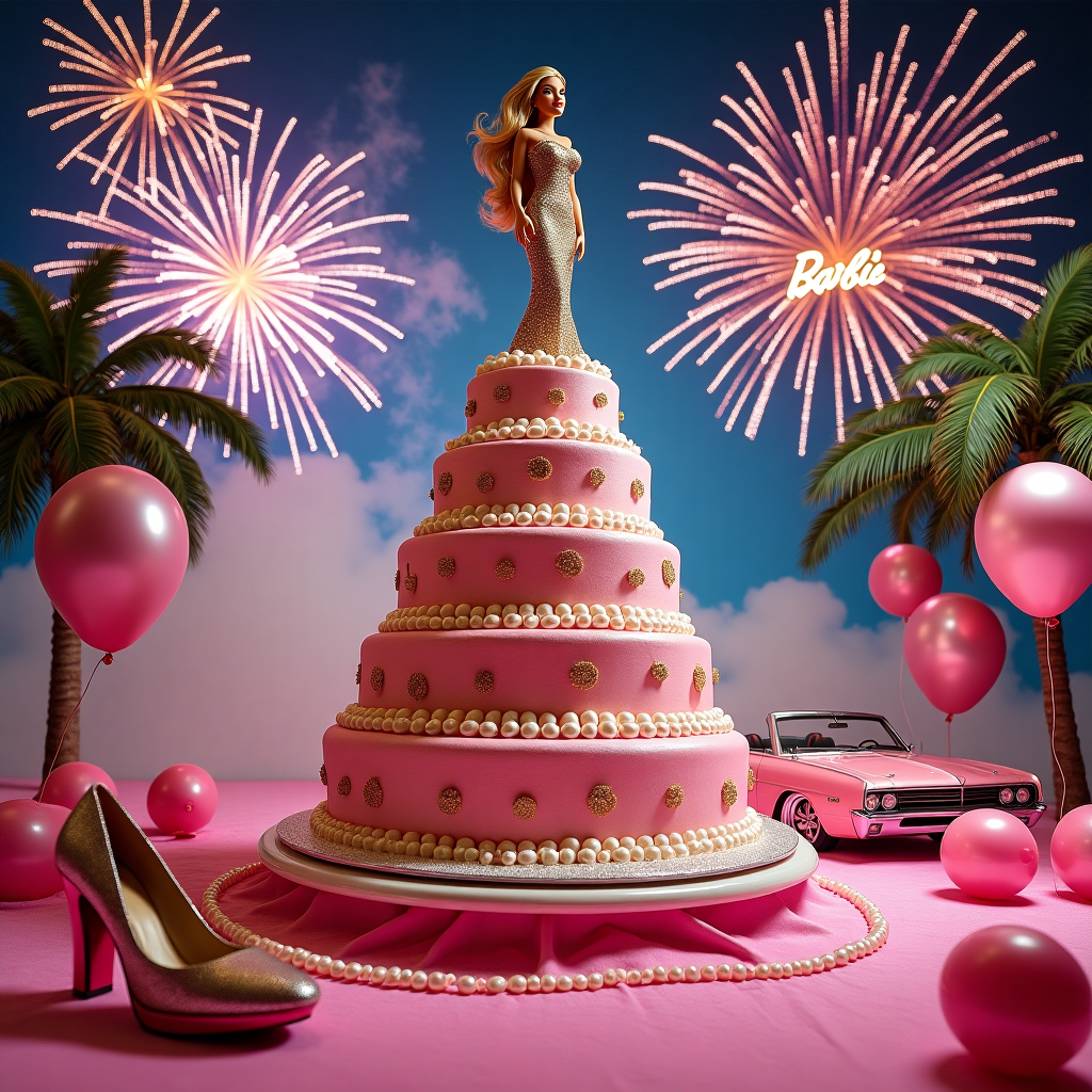 In the center of the surreal birthday scene, an enormous tiered cake shaped like a fabulous Barbie mansion takes the spotlight, its frosting shimmering with hues of pink and gold. Perched on top of the cake is a glamorous Barbie, dressed in a sparkling sequin gown, her hair cascading in golden waves. Surrounding the cake, fireworks explode in an array of vibrant colors—violet, emerald, and crimson—each burst creating fantastical shapes like stars, hearts, and even miniature unicorns. In the sky, the word "Nicola" appears in the smoke trails of the fireworks, each letter artfully crafted from twinkling stars and the lingering glow of the blasts. Scattered around the scene are oversized accessories that echo Barbie's style: a giant pearl necklace loops around the base of the cake, and a high-heeled shoe, as tall as a person, stands elegantly beside it. Balloons, in varying shades of pink and metallic silver, float upwards, their strings trailing like delicate ribbons. The ground is carpeted in a plush pink fabric, resembling a luxury runway, leading to the cake. To the side, a life-sized Barbie convertible car sits parked, its glossy finish reflecting the firework's glow. Above the convertible, a banner strung between two oversized palm trees reads "Happy Birthday, Nicola!" in sparkling letters, echoing the fabulous celebration that has come to life in this whimsical scene.
Generated with these themes: Celebration, looking fabulous, Barbie, fireworks.
Made with ❤️ by AI.