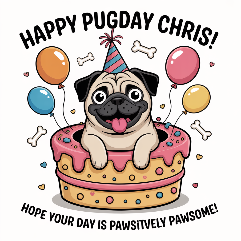 At the top of the image, "Happy pugday Chris!":

   At the bottom of the image, "Hope your day is paws-itively pawsome!"

   - In the center, illustrate a cartoon scene of a joyful pug with a party hat, sitting inside a giant slice of birthday cake, with a big grin and frosting all over its face, surrounded by balloons shaped like dog bones.
Generated with these themes: Dogs, and .
Made with ❤️ by AI.