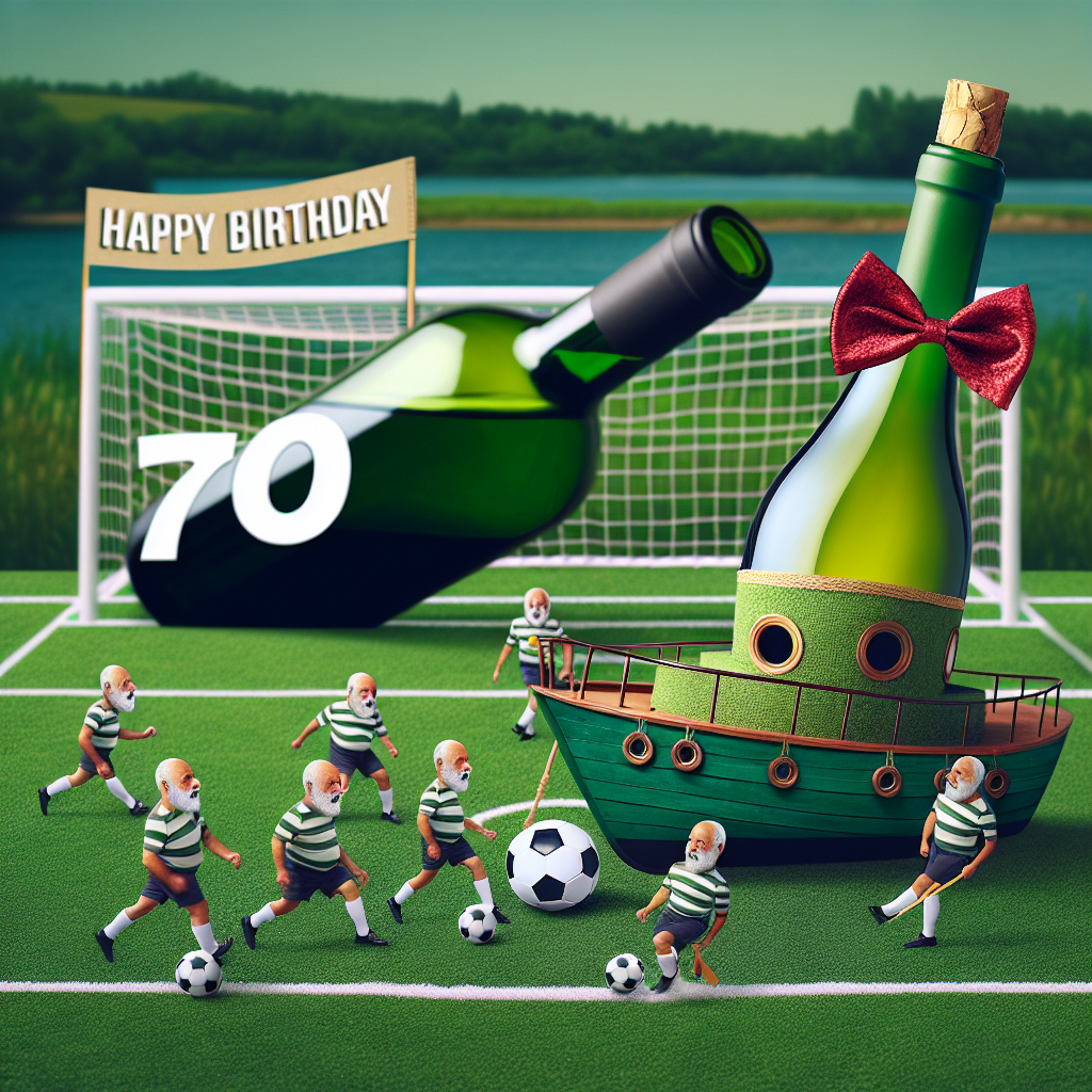 Create a delightful birthday image set on a strikingly green soccer field. The scene captures lively boats manifesting human-like characteristics such as sporting adorable bow ties and unexpectedly participating in a soccer match. A massive wine bottle serves as an unusual feature, placed on the sideline performing the role of a scoreboard. It prominently shows the number 70, underlining the specific age that's being commemorated.
Generated with these themes: Boats, Soccer, Wine , and 70.
Made with ❤️ by AI.