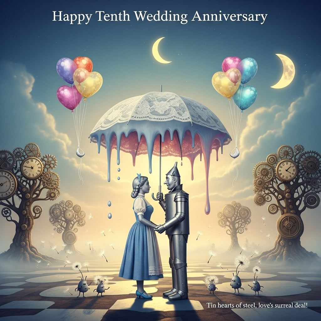 At the top of the Surreal Style image, include the text: "Happy Tenth Wedding Anniversary"

---

**Image Description:**

In a dreamlike, otherworldly landscape, the scene unfolds with a gentle, glowing mist. The Tin Man and Tin Lady from the Wizard of Oz stand lovingly in the center, their metallic bodies reflecting a fantastical blend of hues from an ethereal sky. They hold hands under an umbrella made of lace-like clouds, which gracefully melt and swirl around them.

In the background, whimsical clockwork trees with gears and cogs replace leaves, twisting and stretching in surreal directions. The ground beneath is a patchwork of melting checkerboard tiles, giving the impression that reality is softly bending around them.

Floating in the sky are heart-shaped balloons that defy gravity, with each balloon gently tethered to a thread of silver moonlight. The balloons softly glisten, casting rainbow-hued shadows over the enchanted couple.

On the ground, near the Tin Man and Tin Lady's feet, tiny, playful dandelion creatures dance, their seeds floating up to join the celestial dance. Each seed carries a glimmer of light, adding to the romantic ambiance.

In the lower corner, a small, quirky text reads: "Tin hearts of steel, love's surreal deal!"
Generated with these themes: Tin man anc lady form wizard of oz , and .
Made with ❤️ by AI.
