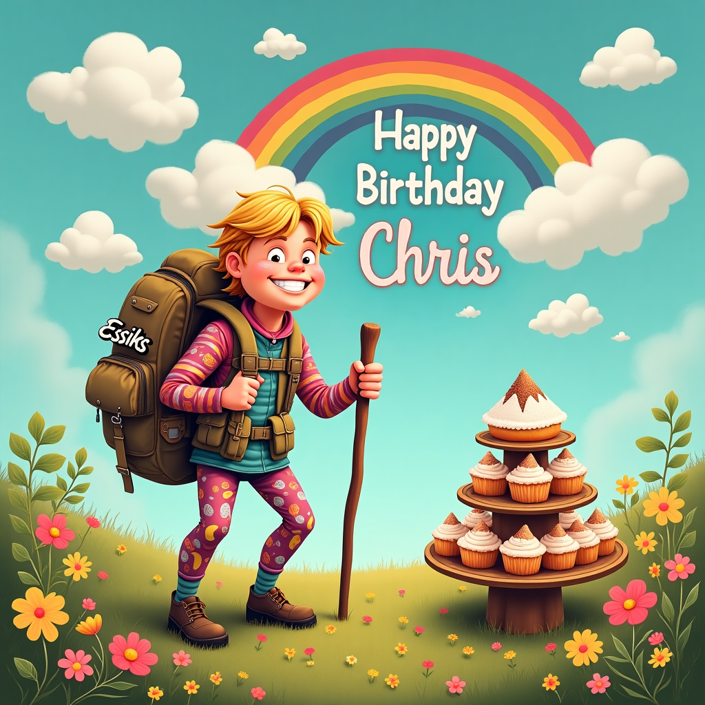 The birthday greeting card front cover depicts a humorous and vividly detailed scene set in the great outdoors, capturing a whimsical hiking expedition. The centerpiece is a male adventurer with chin-length blond hair, grinning broadly as he stands in a field of wildflowers. His attire is a quirky juxtaposition of practicality and flair—he's wearing vibrantly patterned leggings that feature a kaleidoscope of colors, swirls, and zigzags. Slung casually over his shoulder is an oversized shoulder bag, covered in patches and pins, one of which humorously reads "Essiks" in bold, funky letters, perhaps a nod to an imagined trendy brand.

In one hand, the adventurer confidently grips a well-worn hiking stick, its wood gnarled and engraved with tiny decorative carvings of mountain peaks and trees. Nearby, on the soft grass, sits an elegant three-tier cake stand, almost out of place in the rustic setting. Each tier is adorned with intricately decorated cupcakes and tiny pastries, the topmost tier featuring a large, whimsical cupcake shaped like a miniature mountain, complete with frosting peaks dusted with sugar snow.

Above this lively scene, the sky is a canvas of creativity. Puffy, cotton-candy clouds float lazily, and in the midst of this aerial display, the clouds have miraculously aligned to spell out "Happy Birthday Chris" in playful, swirling script. This skyward message is accompanied by a cheerful rainbow arching across the scene, adding a final splash of color to the composition. The overall image is a delightful blend of the rugged and the refined, brought together in celebration of Chris's special day.
Generated with these themes: Shoulder bag, Essiks sign, Male, blond chin length hair, Hiking stick, Colourful leggings, and Three tier cake stand.
Made with ❤️ by AI.