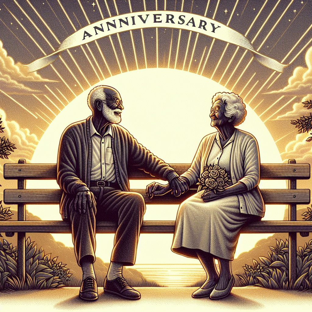 Create a poignant image on an anniversary card. The image should feature an elderly couple, rich in years yet lively in spirit, of Black descent, holding hands while seated on a park bench. The evening sky is aglow with hues of gold from the setting sun, casting a warm illumination over the scene. Arcing gently overhead is the inscription 'Anniversary'. The serene smiles on their faces and their entwined fingers serve as silent testaments to their enduring journey together, giving an intimate peek into their long-standing companionship.
Generated with these themes: Anniversary.
Made with ❤️ by AI.