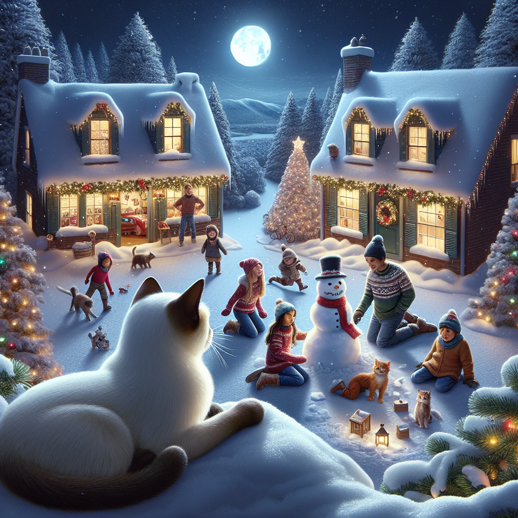 A charming Christmas village setting, with white Siamese cats watching children build a snowman. The cats sit atop a snowy roof, with houses adorned in festive lights and wreaths, and the night sky illuminated by a glowing full moon.
Generated with these themes: White Siamese Cats.
Made with ❤️ by AI.