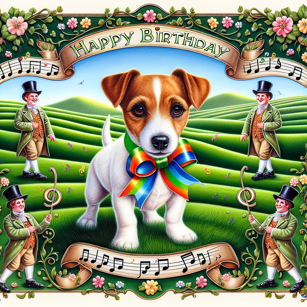 Illustrate an enchanting image of a cute Jack Russell wearing a vibrant birthday ribbon, its eyes glittering with excitement. Beside the dog, there are two identical male figures in party outfits, softened caricature versions of figures from yesteryears, holding a banner saying 'Cheers from Ireland.' The backdrop transitions into undulating verdant hills, symbolic of the Irish countryside. Music notes that symbolize a popular, harmonious style of singing from the late 1990s to early 2000s twist around the 'Happy Birthday' script in the sky. The whole scene presented is encased in an exquisite border of dainty flowers, a nod to traditional birthday themes.
Generated with these themes: Jack russell, The krays, Ireland, Westlife, and Flowers.
Made with ❤️ by AI.