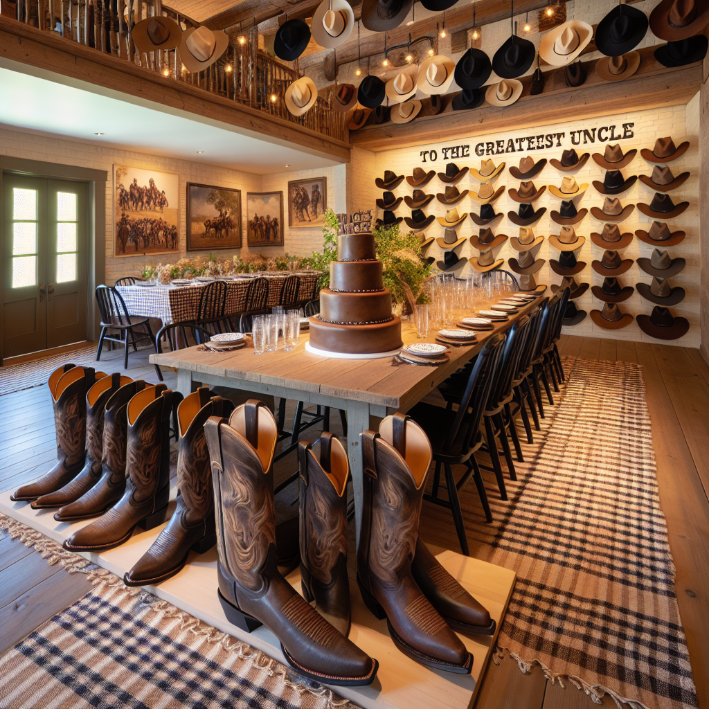 Imagine a scene filled with Western charm, decorated for a special uncle's birthday. In the entryway, realistic cowboy boots form a welcoming row. Follow the boots into a room with cowboy hats hung as artistic embellishments. There's a long wooden table adorned with checkered tablecloths in the center of the room. At the heart of the table, a cake designed like a cowboy's leather saddle takes central stage, where 'To the greatest Uncle' etched in a distinctive cursive font evokes images of lasso ropes. The atmosphere vibrates with melodious strums of a guitar playing classic Western tunes.
Generated with these themes: Cowboys, Western, and Uncle.
Made with ❤️ by AI.