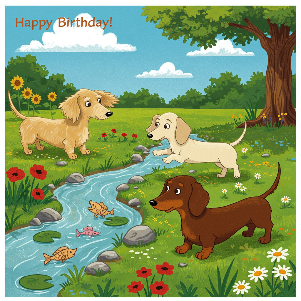 **Front Cover Description:**

In a vibrant and whimsical cartoon style, the scene is set in an idyllic backyard, bursting with lively colors and dynamic details, perfect for a birthday greeting card.

**Foreground:**

Three dachshunds are the main focus:

1. **Elderly Blonde Dachshund**: Positioned playfully close to the creek, this dachshund has a golden, buttery coat with subtle streaks of gray, emphasizing its wisdom and experience. Its ears are comically long, flopping almost to the ground, adding a touch of character.

2. **Young Cream-Colored Dachshund**: This lively pup is leaping in mid-air, capturing the carefree spirit of youth. Its coat is a soft, creamy vanilla, with a slightly darker snout and paws. Its tail is wagging vigorously, almost blurring with excitement.

3. **Chocolatey Brown Dachshund**: Trotting near a cluster of daisies, this dachshund has a rich, cocoa-brown coat that shines under the sunlight. Its eyes are wide and curious, with exaggerated eyelashes that flutter comically.

**Background:**

- **Creek**: Winding gently through the scene, the creek sparkles with a playful blue and green hue. Pebbles line its edge, each illustrated with intricate detail, and a couple of cartoon fish peek out, smiling.

- **Backyard**: Lush green grass covers the ground, dotted with colorful flowers such as bright red poppies and cheerful yellow sunflowers. A tall, leafy oak tree stands proudly in the background, its branches stretching across the top of the card, casting playful shadows.

- **Sky**: The sky is a brilliant cerulean blue, with fluffy, exaggerated white clouds shaped like playful animals, hinting at the whimsy of Gary Larson's style.

**Text:**

- "Happy Birthday!" is boldly written at the top of the card in a bouncy, fun font reminiscent of classic comic book lettering. Each letter is a different color, alternating between vibrant shades like electric pink, sunny yellow, and ocean blue, outlined in black for a crisp finish.

This card is a lively tapestry of colors and characters, capturing the joyous spirit of a birthday celebration with a nod to classic cartoon artistry.
Generated with these themes: Three dachshunds in an idyllic backyard with a creek. One dachshund is elderly and blonde, one is young and cream colored, and the third is chocolatey brown and young. Card says “Happy Birthday!” on the front..
Made with ❤️ by AI.