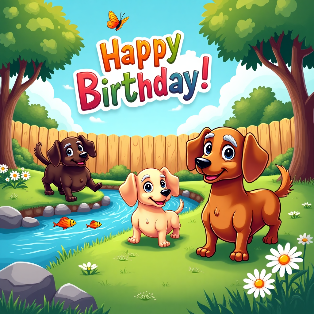 Front and center, the card features a vibrant, cartoon-style illustration that bursts with exaggerated whimsy and color. The scene is set in an idyllic backyard, sprawling with lush green grass that sparkles in the sunlight, dotted with playful daisies and a vibrant spectrum of wildflowers. 

To the left, a meandering creek ripples gently, its crystal-clear waters reflecting the sky’s bright blues and fluffy white clouds. Small, cartoonish fish with wide eyes and smiling faces leap from the water, adding a lively touch. Along the creek's edge, a few smooth, rounded stones glisten in shades of gray and soft blue.

Dominating the scene are three dachshunds, each bursting with personality. To the right, an elderly blonde dachshund sports a few comically oversized gray eyebrows and an exaggeratedly droopy expression. Its fur is a blend of light gold and silver hues, giving a charmingly seasoned appearance.

In the center, the young cream-colored dachshund is full of bounce and mischief. Its fur is a rich, warm vanilla shade with exaggerated, springy ears that flap comically in the wind. Its big, round eyes gaze curiously at a fluttering butterfly above, colored in striking yellows and oranges.

To the left, the chocolatey brown dachshund is a picture of exuberant youth. With fur in deep cocoa tones, it’s depicted mid-leap, ears flapping wildly. Its tail is an animated swirl of motion, emphasizing its youthful energy.

In the background, a wooden fence stretches across the scene, its panels painted in a cheerful white, peppered with a few colorful, hand-drawn doodles like smiling suns and grinning flowers. Above the fence, a tree's cartoonish, oversized branches droop lazily, each leaf a different shade of green, ranging from minty to deep forest.

Floating whimsically above the scene, in bold, colorful letters, are the words “Happy Birthday!” Each letter is filled with a rainbow gradient and outlined with a thick, comic-style black border, reminiscent of classic cartoon title cards.

The entire image is encased in a playful, colorful border that echoes the wildflower motifs from the scene, tying together this vibrant, joyful birthday celebration.
Generated with these themes: Three dachshunds in an idyllic backyard with a creek. One dachshund is elderly and blonde, one is young and cream colored, and the third is chocolatey brown and young. Card says “Happy Birthday!” on the front..
Made with ❤️ by AI.