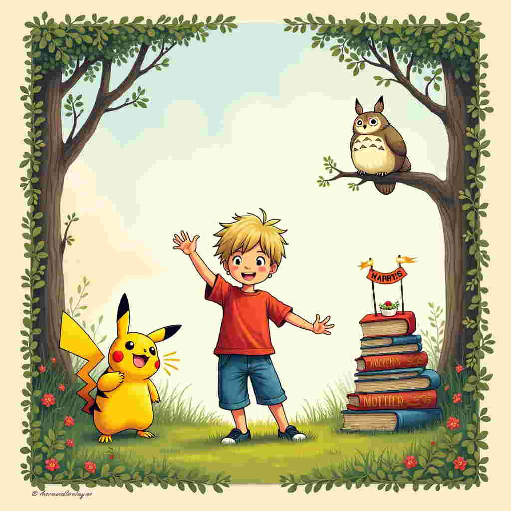In the center of the card, position a detailed illustration of a blond-haired boy wearing a red and blue t-shirt with a small, intricate Transformers logo on the chest. The boy stands enthusiastically on a grassy meadow, with delicate, wavy grass drawn in shades of emerald and lime, reminiscent of Beatrix Potter's nature scenes.

To the left, capture a lively Pokémon scene: a vividly colored Pikachu with electric sparks subtly suggested around its cheeks, drawn with Maurice Sendak's charm. The Pikachu is playfully sitting on a tree branch that arches over the scene, its bark textured and rich in auburn and sepia tones, similar to the fine linework of Arthur Rackham.

To the right, a miniature scene from Harry Potter unfolds: a stack of books resembling the Hogwarts library, their spines showing ornate golden titles. Perched on top, Hedwig the owl, illustrated in a realistic but slightly whimsical style akin to N.C. Wyeth, with soft, feathered details in shades of white and subtle gray.

In the background, add a Studio Ghibli-inspired sky, with soft pastel hues of twilight: lavender, coral, and cerulean blending into one another. Floating in the sky, Totoro, rendered in a gentle, ghostly silhouette as Gustave Doré might have done, but filled with gentle whimsy.

In the foreground, a small birthday cake sits on the grass, its frosting a swirl of vibrant blues and yellows, echoing Maxfield Parrish's vivid palette. The cake is adorned with tiny, hand-drawn banners on toothpicks spelling out "Harris" in bold, playful lettering, much like Quentin Blake's energetic style.

Framing the scene, a border of twisting, curling ivy is depicted in Aubrey Beardsley's intricate, monochromatic linework, subtly grounding the colorful elements of the card while adding a touch of elegant detail.
Generated with these themes: Blond haired boy Transformers Pokemon Harry Potter Ghibli.
Made with ❤️ by AI.
