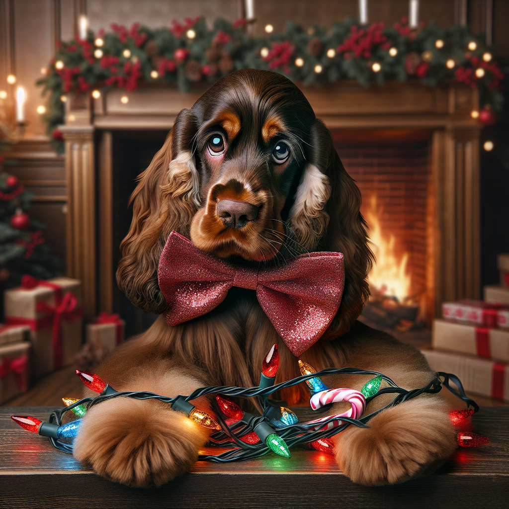 A warm festive scene portrays a slender English Cocker Spaniel with rich liver-brown fur and soulful brown eyes. The dog, sporting a candy cane-striped bow tie, is playfully tangled in a string of Christmas lights, with a backdrop of a cheerful roaring fireplace and a decorated mantelpiece.
.
Made with ❤️ by AI.