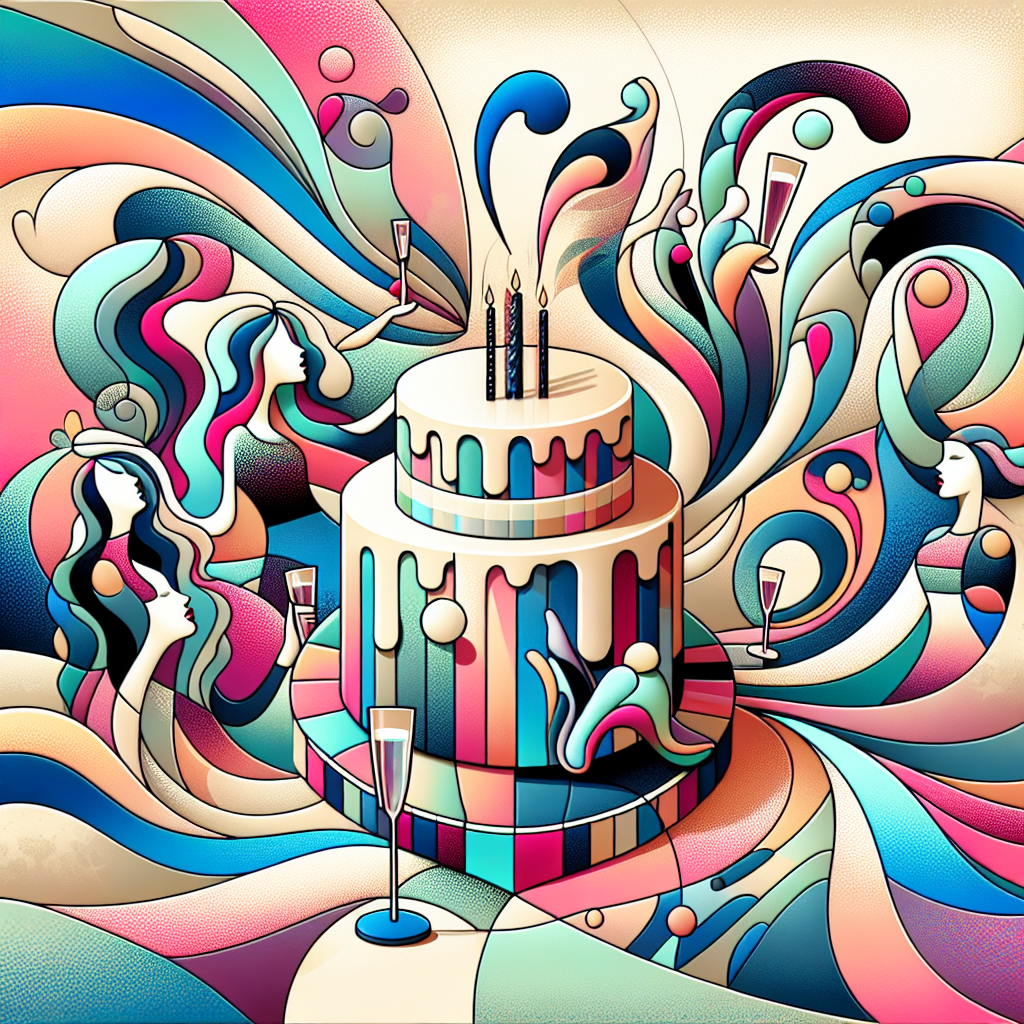 The image conveys an abstract birthday-themed design exhibiting a playful and imaginative scene. Anchoring the centerpiece is a stylized birthday cake, adorned with whimsical, vivid patterns that seem to flow and move, reminiscent of the dynamic energy of an exciting workout. Around the cake are abstract representations of fancy dressed women enjoying a high-end party, each illustrated with a vibrant caricature, clinking champagne glasses in a toast. The background is a pastel mosaic with sweeping curves and arches subtly incorporated, lending a unique festive vibe to the mix.
Generated with these themes: Working out, Real Housewives of Beverly Hills, and McDonalds.
Made with ❤️ by AI.
