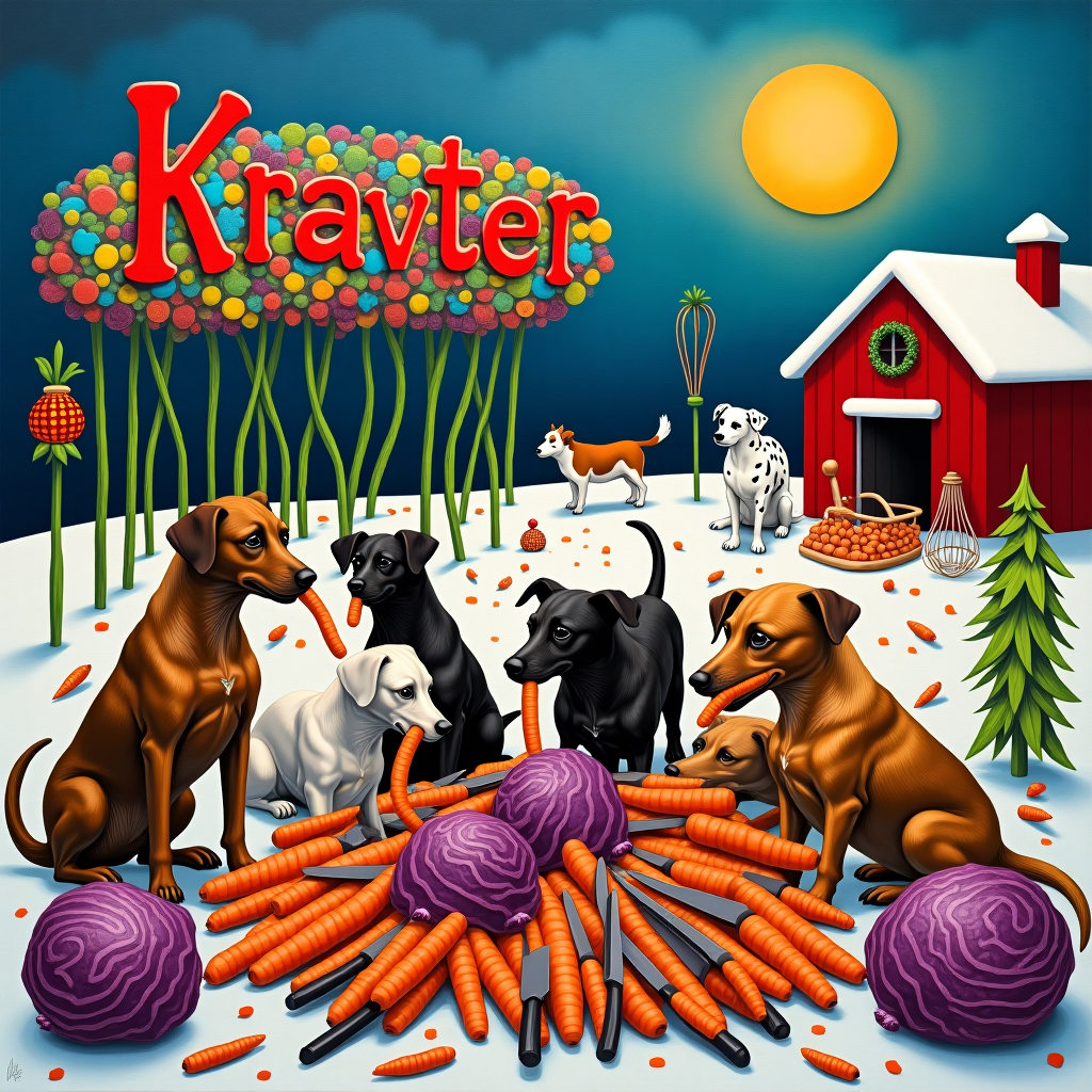 Picture a whimsical, abstract Christmas kitchen farmyard mashup, bursting with vibrant colors and zany elements. In the foreground, eight dogs of various breeds—Golden Retriever, Dachshund, Poodle, Beagle, Bulldog, Dalmatian, Pug, and Border Collie—are gathered in a chaotic, yet joyful, circular arrangement. They're animatedly chomping on a bizarre feast of carrots and cabbage, which are strewn about in exaggeratedly oversized heaps that almost resemble small mountains. The carrots, a wild burst of orange, intertwine with purple-hued cabbages, creating a Mondrian-esque grid of vegetables.

Looming in the background, you see an abstract representation of farming tools. Kitchen knives are whimsically sprouting from the ground like plants, their blades reflecting a kaleidoscope of colors reminiscent of Gerhard Richter's blurred paintings. These knives twist and curl like Cy Twombly's lines, suggesting movement and an air of playful danger.

Suspended in the sky, a cloud-like formation spells out "Krauter" in curvy, Miro-inspired letters, each letter composed of tiny, colorful kitchen utensils—spoons, forks, and whisks—forming a gentle arch above the canine carrot feast. The backdrop is a canvas of Rothko-esque horizontal bands, from deep winter blues to festive reds, echoing a snow-dusted horizon and creating a sense of abstract seasonal cheer.

In one corner, a barn-like structure emerges from Malevich’s geometric abstraction, where farm animals—a cubist cow and a surrealist chicken—peer out curiously at the merry gathering. Scattered across the scene are de Kooning-esque splotches and drips, giving a sense of playful spontaneity, ensuring the scene is as quirky and dynamic as it is festive.
Generated with these themes: 8 dogs eating carrots, Cabbage, Kitchen knives, Farming, and .
Made with ❤️ by AI.