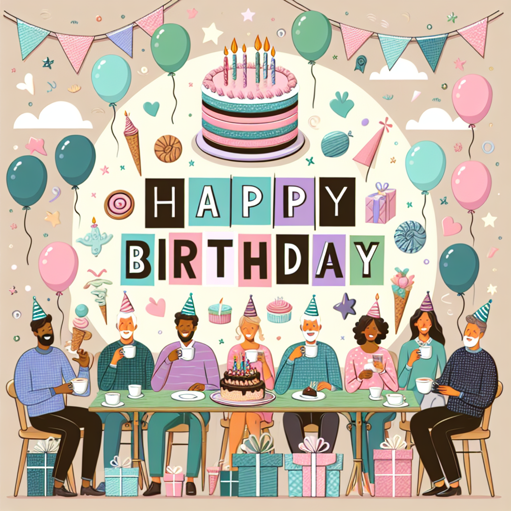 Generate a whimsical birthday illustration featuring a pastel color palette and a cozy coffee shop backdrop. The main element is a large celebratory Wordle game board that spells out 'HAPPY BIRTHDAY.' Above this, imagine balloons and streamers floating in the air. Furthermore, picture smiling men and women of various descents sipping coffee at tables. Each table is adorned with small birthday cakes and wrapped gifts. These patrons could be Caucasian, Hispanic, Black, Middle-Eastern, South Asian or of any other descent, noticeably celebrating the special occasion.
Generated with these themes: Wordle, and Coffee.
Made with ❤️ by AI.