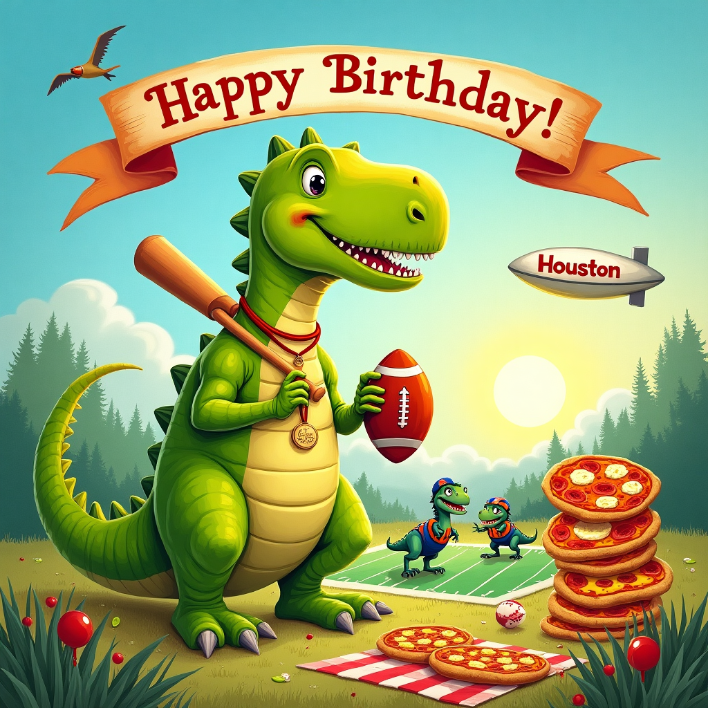 In the foreground of this whimsical birthday greeting card, envision a playful scene bustling with energy and color. At the center, an exuberant cartoon dinosaur, reminiscent of Maurice Sendak's charming creatures, is the focal point. This dinosaur sports a bright, lime green hue with detailed scales, each one meticulously drawn like a Beatrix Potter illustration. The dinosaur is comically balancing a baseball bat in one tiny, clawed hand and a football in the other, giving it an amusingly overburdened look akin to a Norman Rockwell painting.

Around the dinosaur's neck hangs a small medallion with the name "Houston" inscribed in bold, playful letters, channeling a Quentin Blake-like flair. This medallion dangles and glints like a badge of honor, drawing the eye with its sheen.

In the background, a Maxfield Parrish-inspired sky transitions from a gradient of soft azure to deeper, duskier blues. The sun, setting on the horizon, casts a warm, golden glow over the scene. Floating in the sky, a small, whimsical blimp with "Houston" painted across its side drifts lazily, echoing the joyful chaos below.

To the dinosaur's right, a small football field is sketched with delicate lines, capturing the charm of an Arthur Rackham scene. Tiny cartoon characters—both human and dinosaur—engage in a friendly football match, their vibrant jerseys splashed with shades of forest green and navy blue.

On the left, an exaggerated stack of pizzas teeters dangerously, each pie a different variety—pepperoni, veggie, and classic cheese—illustrated with N.C. Wyeth's eye for mouth-watering detail. The pizzas are perched on a little red-and-white checkered picnic blanket, adding a pop of color and texture.

Above, a banner arches across the scene, held aloft by two small pterodactyls, each painted in lively shades of emerald and teal. The banner reads "Happy Birthday!" in a joyful, swirling font inspired by the elegance of Aubrey Beardsley, adding a touch of sophistication to the fun-filled chaos below.

Throughout the scene, sprinkles of confetti flutter downwards, rendered with Edward Gorey's intricate line work, adding layers of detail and a sense of festivity that ties the entire illustration together.
Generated with these themes: Birthday, dinosaur, baseball, football, pizza, green.
Made with ❤️ by AI.
