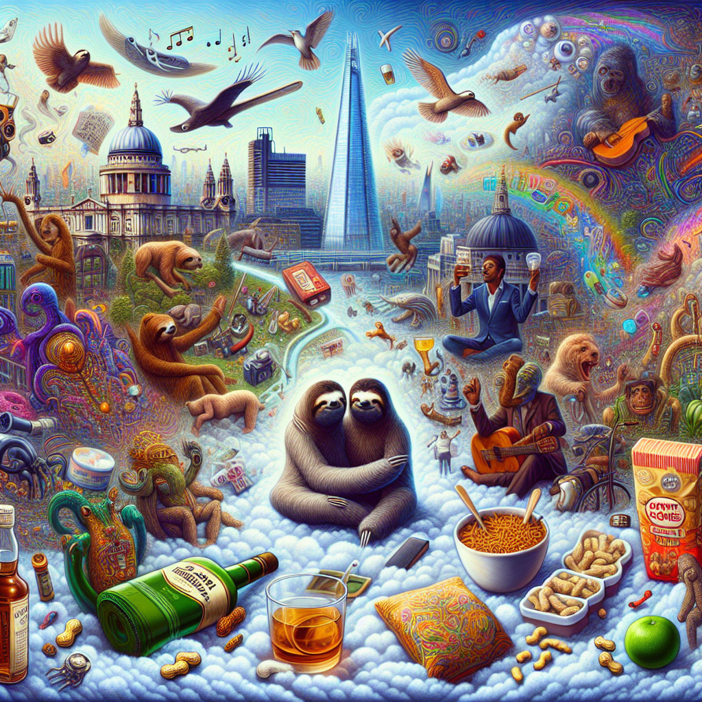 Imagine a complex and vibrant scene filled with a blend of spiritual and celebratory energy. The central point of the composition is devoted to a calm vision of two iconic landmarks of London: The Shard skyscraper and St Paul's Cathedral. Two sloths, representing serenity and tranquility, are shown sharing a gentle hug amongst a cloud signaling relaxation. Nearby, a bottle of whisky lies next to a collection of instant noodles and peanuts from India, hinting at a unique and offbeat gathering. In between, a figure of unidentified descent is in a state of meditation, embracing spirituality in the middle of celebration. Melodies seem to flutter through the scene, accompanied by visual representations of the phrases 'I love you' and 'Happy Birthday' appearing across the image. Hidden subtly in one corner of the scene is a green bicycle, introducing an element of personal identity into the mix.
Generated with these themes: Whisky, Cannabis, Two sloths cuddling, Meditation and spirituality, Instant noodles, Peanuts, Music, I love you, Happy birthday, Great view of london shard in middle and st pauls cathedral, Green bicycle , and Indian.
Made with ❤️ by AI.