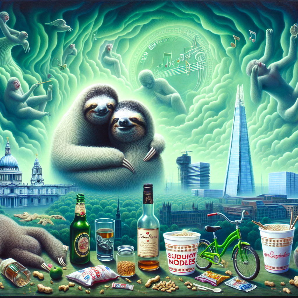 The dreamlike, cartoonish image captures a unique birthday scene. Two sloths are affectionately cuddling in the foreground, shrouded in a haze created by emerald-green leaves. The London Shard stands majestically in the center, accompanied by an ancient cathedral. The tableau includes objects that signify both disorder and tranquility: a half-drained bottle of whiskey, a shadowy outline of a person in peaceful meditation, and packets of quick-to-prepare noodles surrounded by stray peanuts. Musical symbols gently drift in the backdrop, representing an unheard tune. Above, a banner professing 'I love you' floats, and 'Happy Birthday' is carved into the heavenly expanse. A vividly green bicycle, a symbol of Indian lineage, leans casually to one side.
Generated with these themes: Whisky, Cannabis, Two sloths cuddling, Meditation and spirituality, Instant noodles, Peanuts, Music, I love you, Happy birthday, Great view of london shard in middle and st pauls cathedral, Green bicycle , and Indian.
Made with ❤️ by AI.