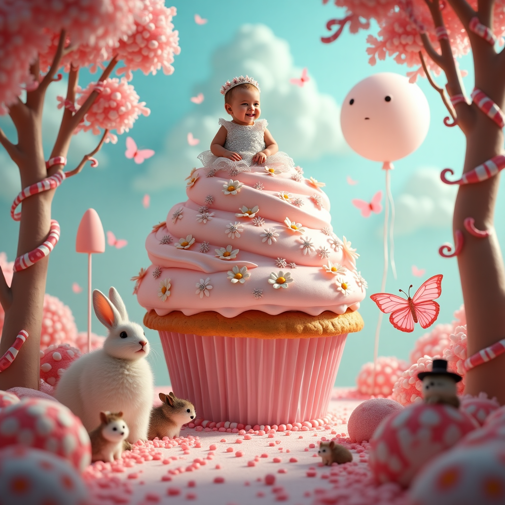 In the center of the surreal birthday scene, a gigantic cupcake tower stands majestically, layered with fluffy pastel pink frosting that glimmers with a sugary sheen, casting a soft glow on everything around it. Atop the cupcake, a tiny baby girl dressed in a shimmering silver dress sits gleefully, her crown made of delicate white daisies and her eyes wide with wonder. Surrounding the cupcake is an enchanted forest where trees are made of twisted candy canes and their leaves resemble spun sugar, gently swaying in an unseen breeze. Intertwined among the candy trees, vines of colorful gumdrops spiral upwards. A winding path made of peppermint candies leads to the cupcake base, lined with peculiar creatures that seem to have sprung from a storybook—there’s a white rabbit in a waistcoat holding a pocket watch and a hedgehog donning a tiny top hat. Butterflies with translucent wings crafted from lace flutter around, their flight illuminated by the light of a crescent moon that hangs unnaturally low in the sky, adorned with a winking face. A carousel in the distance spins slowly, each horse a different pastel hue, their manes flowing as if caught in a gentle wind, and balloons float around, tethered by long, looping ribbons, shimmering in opalescent colors. The scene blends elements of a whimsical fairy tale with an air of enchantment, as if a magical birthday celebration has come to life in this fantastical landscape.
Generated with these themes: baby girl.
Made with ❤️ by AI.