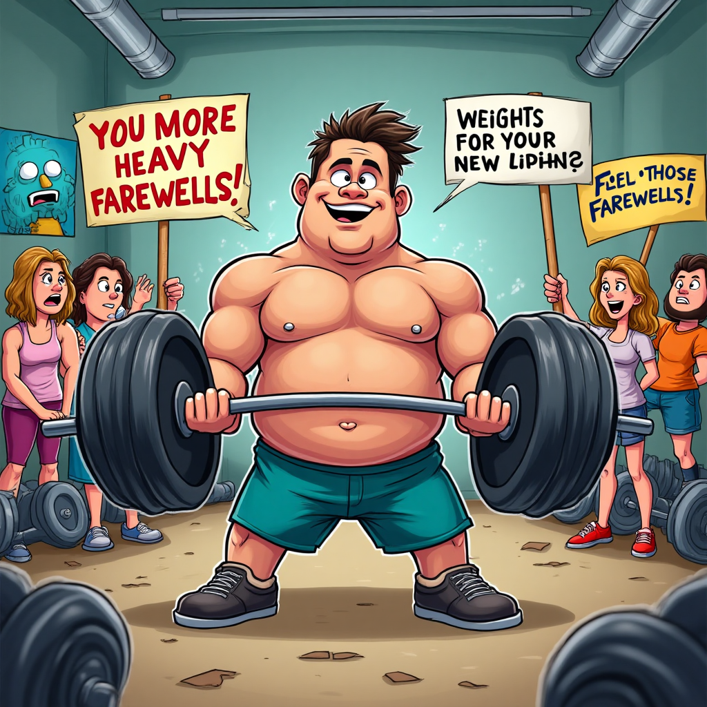 At the top of the Cartoon Style image, include the text: "Goodbye and Good luck Aaron".

**Image Description:**

Imagine a whimsical cartoon gym scene with exaggerated proportions and vibrant colors. In the foreground, a muscular cartoon character, Aaron, is comically lifting an enormous set of weights. The weights are so heavy that they're bending and bulging under the pressure, almost touching the ground. Aaron is grinning cheekily, beads of sweat exaggeratedly flying off his brow. 

Around him, other gym-goers are watching in amazement, their eyes comically wide and jaws dropped to the floor. Some are holding signs that say "You lift us up!" and "No more heavy lifting!" in bold, playful fonts.

In the background, there are cartoonish dumbbells and exercise machines that look almost alive, with faces showing expressions of surprise and admiration. The gym walls are decorated with colorful posters that say things like "Flex those farewells!" and "Weights for your new journey!"

The overall scene is energetic, playful, and filled with exaggerated expressions to add to the humor.
Generated with these themes: Weights, and .
Made with ❤️ by AI.