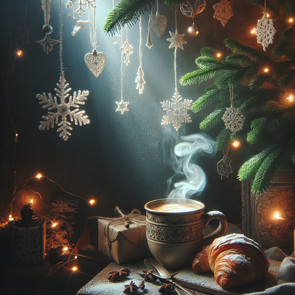 Underneath a delicate cascade of snowflake decorations, the scene unfolds in a hushed room bathed in the glow of twinkling fairy lights. A scrumptious croissant lies next to a ceramic mug, from which the scent of a robust Italian coffee wafts, mingling with the enchanting fragrance of a nearby fir tree, thus setting a magical Christmas mood.
Generated with these themes: Delicious croissant with an aromatic italian coffee in a magical atmosphere.
Made with ❤️ by AI.