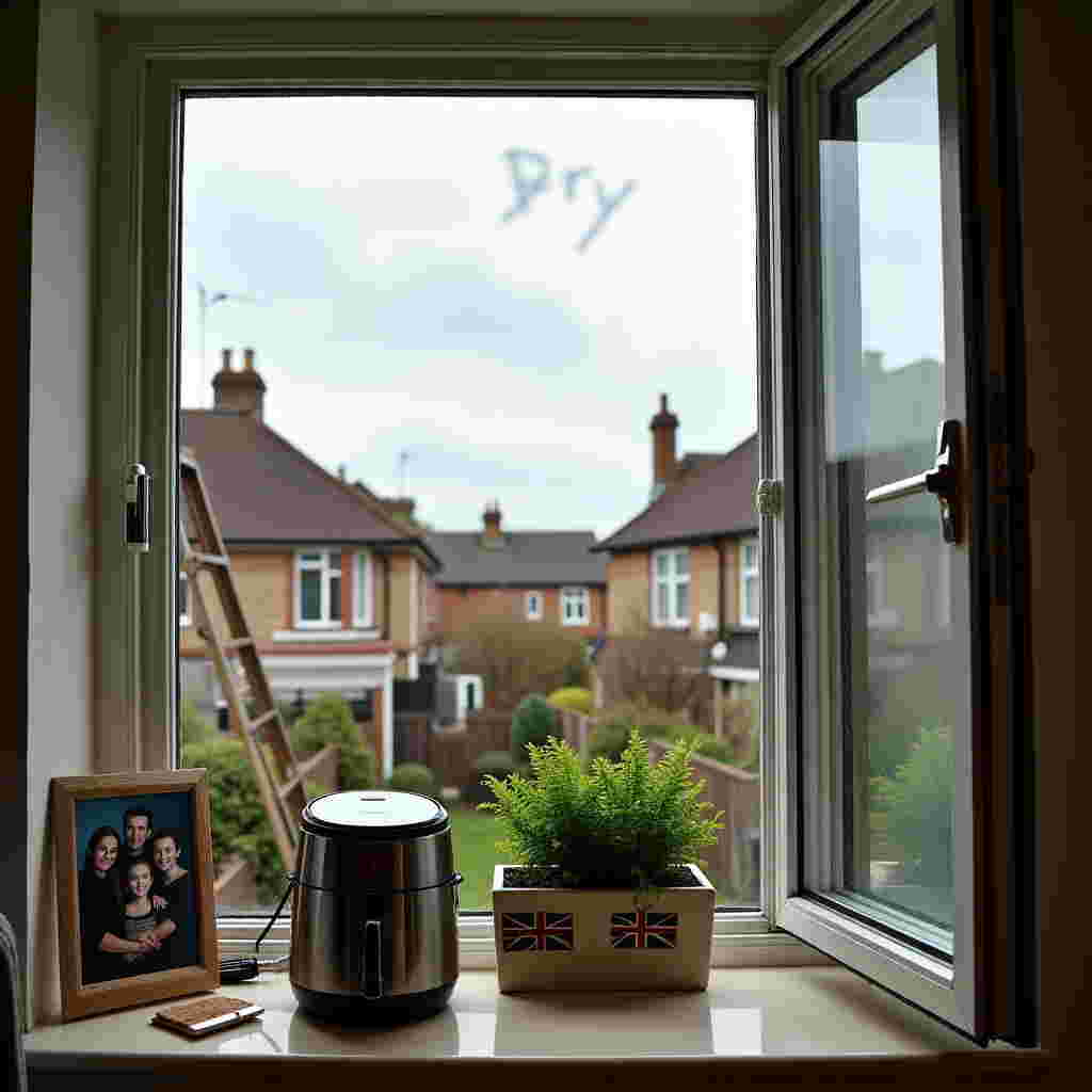 The scene is set in a quaint British neighborhood, where the sky is overcast with clouds hinting at rain, casting a soft, muted light over the area. In the foreground, a large bay window is partially open, with a weathered wooden frame that speaks to the home's history. The glass is pristine and reflective, thanks to a window washer's bucket and squeegee left resting on the window sill, suggesting the completion of a recent cleaning. Outside the window, a sturdy wooden ladder leans against the house, providing the context of a diligent task just finished. Inside, visible through the clean glass, is a cozy kitchen where an air fryer sits prominently on the counter, its stainless steel body gleaming. Next to it, a small black-and-white photo is pinned to a corkboard on the wall, showing a smiling family, with a dad holding his children close. On the windowsill, there is a small ceramic planter with a Union Jack pattern, housing a vibrant green fern. In the background, the clouds subtly form the letters "Bry," a tender acknowledgment nestled gently among them. This natural script can be seen just above the rooftops, slightly obscured but unmistakably present. This touch adds a layer of personal connection to the scene. The entire view from inside to out encapsulates a sense of quiet reflection, where everyday elements are imbued with meaning and connection.
Generated with these themes: Air fryer, Window washer, United Kingdom, Dad, and Sad and sober.
Made with ❤️ by AI.