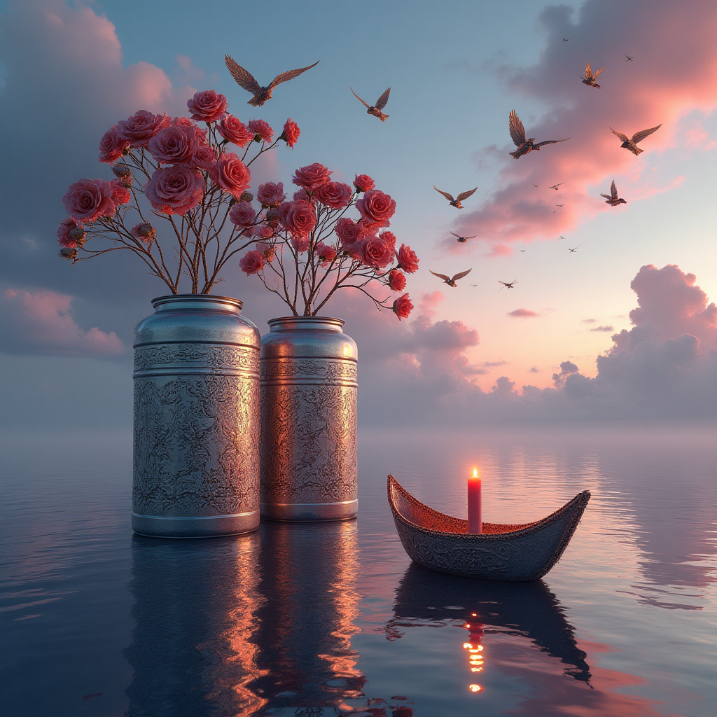 At the top of the Surreal Style image, include the text: **Happy Tenth Wedding Anniversary**

---

**Image Description:**

In a dreamlike landscape, a pair of giant tin cans, intricately engraved with floral motifs, stand embraced in the middle of a vast, reflective lake. Their surfaces shimmer in the ethereal, twilight glow, casting long, surreal shadows that seem to dance on the water’s surface. Delicate, metallic roses sprout from the tops of the cans, their petals unfurling towards a sky painted in swirling hues of magenta and azure. Above, a flock of whimsical, tin birds glide effortlessly, trailing ribbons of light. In the foreground, a small boat made entirely of intertwined tin roses drifts lazily, carrying a single, softly glowing candle. A whisper of a breeze carries the scent of nostalgia and eternal love through the surreal scene, capturing the essence of a decade-long journey. 

---

**Additional Text on Image:**

"Together, we've built a world of wonder."
Generated with these themes: Tin, and .
Made with ❤️ by AI.