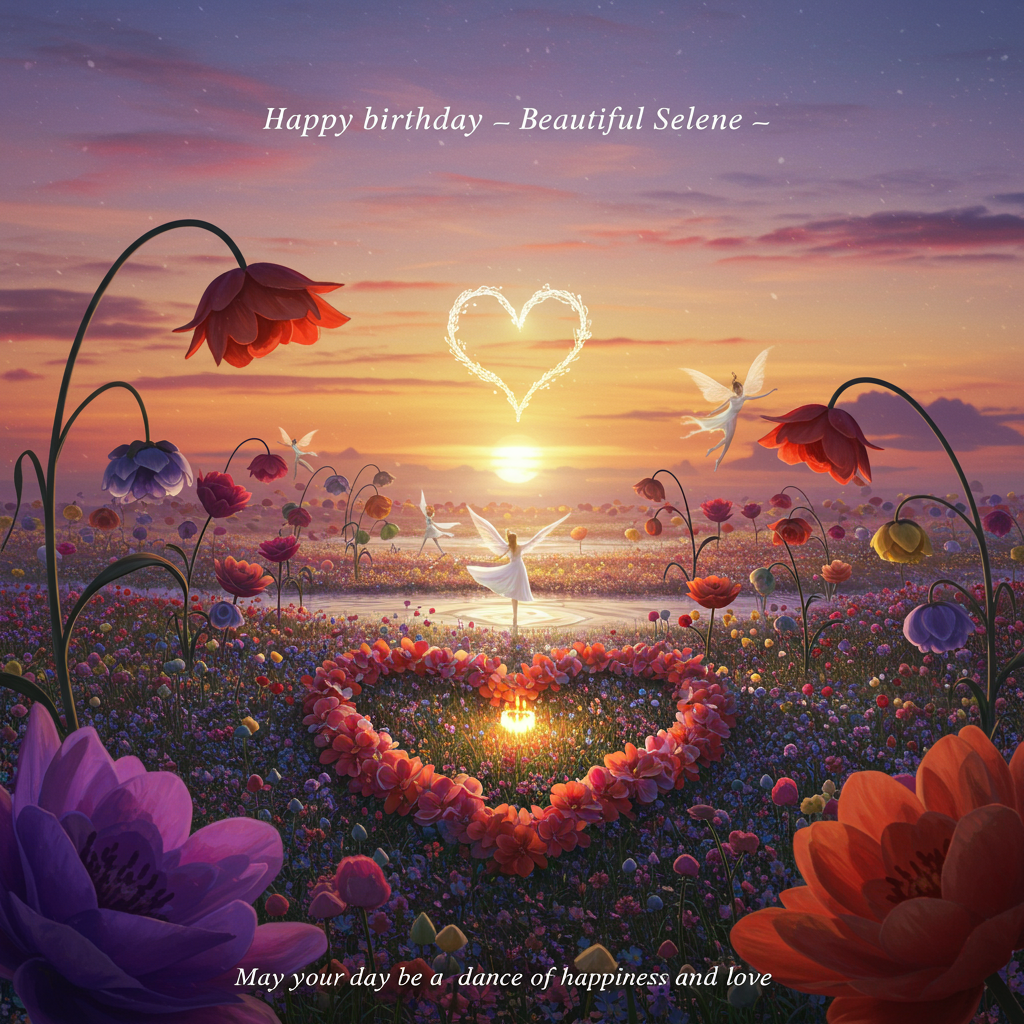 At the top of the Surreal Style image, inscribe the words: "Happy birthday 🎂 Beautiful Selene 💝".

**Image Description:**

Envision a dreamscape where oversized, whimsical flowers unfurl their vibrant petals in a field of fantastical colors. Each bloom seems to sway to an unheard melody, with gentle bends and twists as if they are mid-dance. Amongst the flowers, ethereal creatures with delicate wings are joining in this floral ballet. They twirl gracefully, their movement creating a harmonious blend of color and light. 

In the background, the sky is a blend of twilight purples and oranges, with a surreal, glowing moon that resembles a heart hanging low, casting an enchanting luminescence over the scene. The landscape appears to be fluid, almost melting at the edges, a nod to the world of dreams and imagination. 

In the foreground, a soft focus highlights a cluster of blooms forming the shape of an open heart, signifying love and sincere wishes. The whimsical scene invites the viewer to step into a celebration where nature and dreams entwine in a dance of joy and beauty. 

Subtle text beneath the image reads: "May your day be a dance of happiness and love."
Generated with these themes: Dancing,  cute, flowers, love, and .
Made with ❤️ by AI.