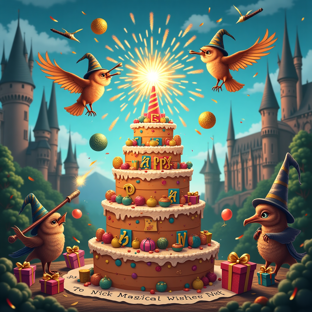 Imagine a vibrant, whimsical scene where the magical world of Harry Potter bursts into a jubilant celebration for Nick's birthday. At the center, a playful, oversized birthday cake towers like the whimsical masterpiece from the Hogwarts Great Hall, adorned with intricate icing patterns resembling Hogwarts House crests. Perched on the top is a tiny, animated Golden Snitch, flitting back and forth as if celebrating along.

In the sky above, a wizardry duel unfolds between two cartoonish owls wearing wizard hats, their wand-tips sparking with colorful fireworks that spell out "Happy Birthday Nick" in bright, sparkling letters. The fireworks burst into magical shapes, like Gryffindor's lion and Slytherin's serpent, bringing an extra touch of enchantment to the celebration.

On the ground, a delightful mix of magical creatures – from house-elves juggling enchanted goblets to a cheeky Niffler trying to swipe a glittering pile of birthday presents – adds layers of charm. These presents are wrapped in colorful, shimmering paper, with broomstick-shaped bows, scattered around the scene.

To the side, a whimsical rendition of Hogwarts can be seen in the distance, its turrets decorated with streamers and balloons that float lazily in the enchanted breeze. The castle is draped with banners in the colors of all four Hogwarts houses, blending together in harmony for the occasion.

Lastly, scattered around the scene, playful wizarding objects like a flying quill writing “To Nick, With Magical Wishes” on a parchment, a bubbling cauldron overflowing with colorful confetti, and a quirky Hagrid-sized birthday hat on a small dragon add extra layers of delight and humor to this magical birthday celebration.
Generated with these themes: Harry Potter.
Made with ❤️ by AI.