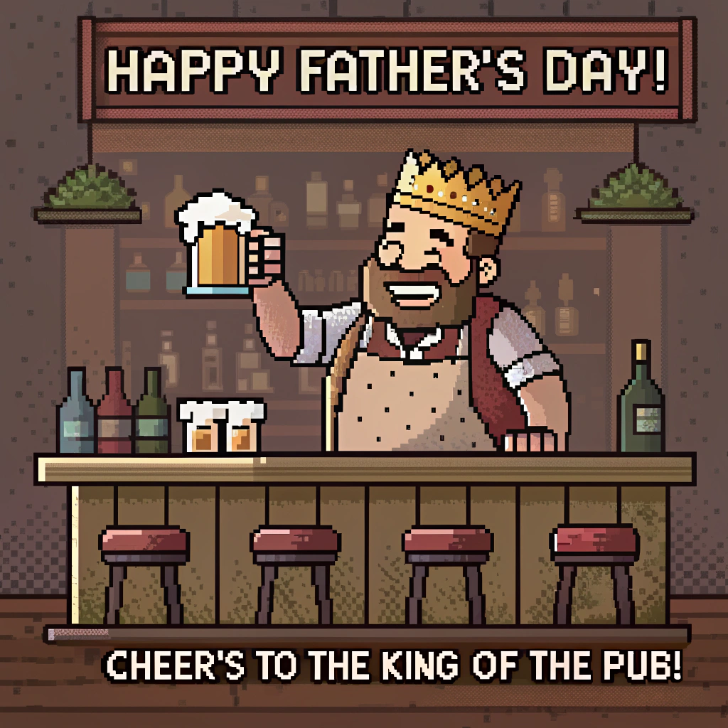 At the top of the image, "Happy Father's Day!":

At the bottom of the image, "Cheers to the king of the pub!"

- In the center of the image, create a classic pixel art scene of a pub, with a jovial father character sitting at a barstool. He holds a pixelated pint of beer in one hand, and a crown on his head that humorously tips to one side. A smiling bartender, clad in an 8-bit apron, stands behind the bar, handing over a tiny pixel crown on a tray, adding to the comedic and heartwarming atmosphere.
Generated with these themes: In the pub with a drink, and .
Made with ❤️ by AI.
