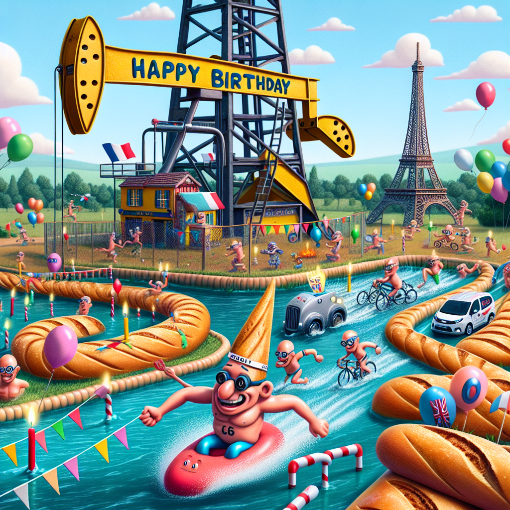 In the middle of a whimsical, French countryside, an oil rig stands, festively adorned with balloons and streamers. At its foundation, a humorous race is happening with fictional cartoon characters participating in a triathlon. They swim through a pool of icing, cycle around crunchy baguette obstacles, and dash past mini Eiffel Towers. At the heart of this scene, a futuristic electric car spirals up a track around the rig, while a comical billionaire character, known for his ventures into space and electric vehicles, waves a checkered flag from its sunroof, encapsulating the jovial and quirky birthday visual.
Generated with these themes: Triathlon, Oil rig, France, and Tesla.
Made with ❤️ by AI.