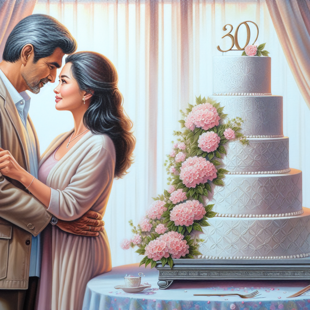 The painting depicts a heartfelt moment of an anniversary celebration where a South Asian man and a Hispanic woman are cherishing their time, deeply looking into each other's eyes. They are standing in front of a sophisticated cake, adorned with delicately detailed frosting flowers and a numerical topper that signifies the years of their togetherness. The cake rests on a table covered with a pastel-colored tablecloth, introducing an ambiance of sweetness and romance to the overall setting.
Generated with these themes: Cake.
Made with ❤️ by AI.